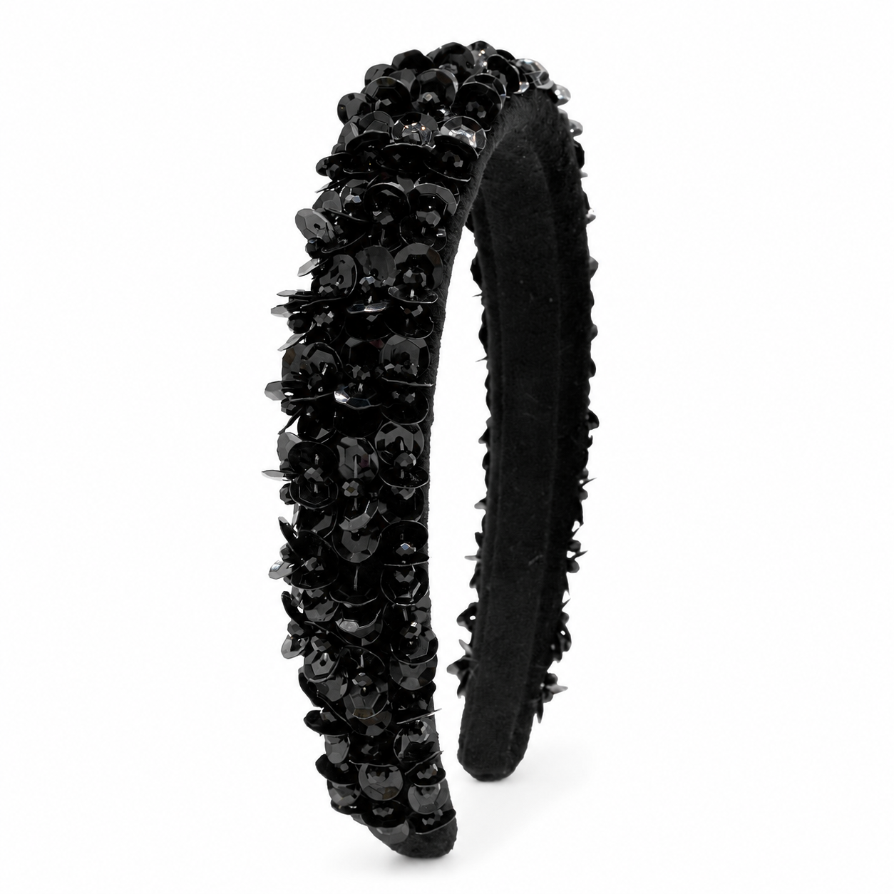 Black Bari Lynn headband covered in dimensional black sequins for a textured, sparkling finish perfect for dressy girls’ looks.