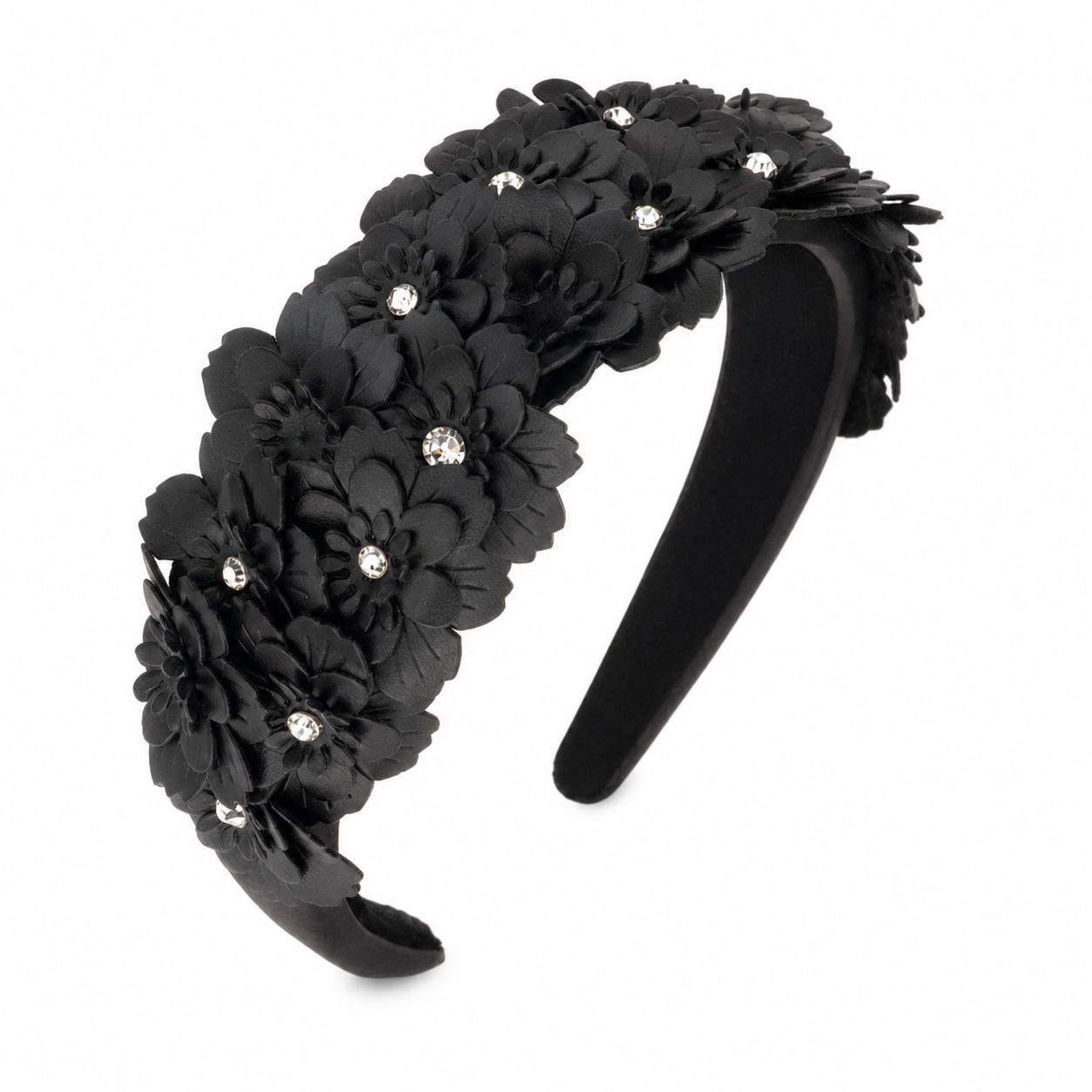 Black Bari Lynn padded headband covered in layered 3D floral appliqués with sparkling crystal centers.
