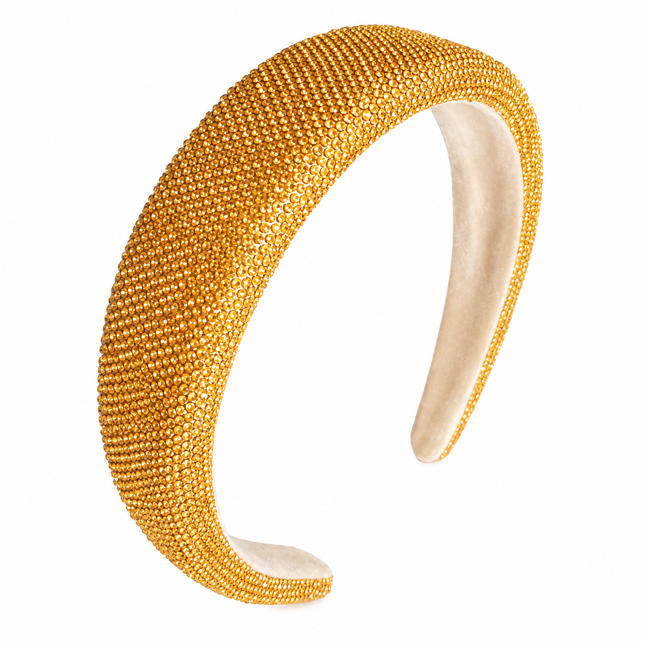 Sparkly gold statement headband for girls featuring allover crystal detailing, perfect for dressy events, parties and holiday looks.