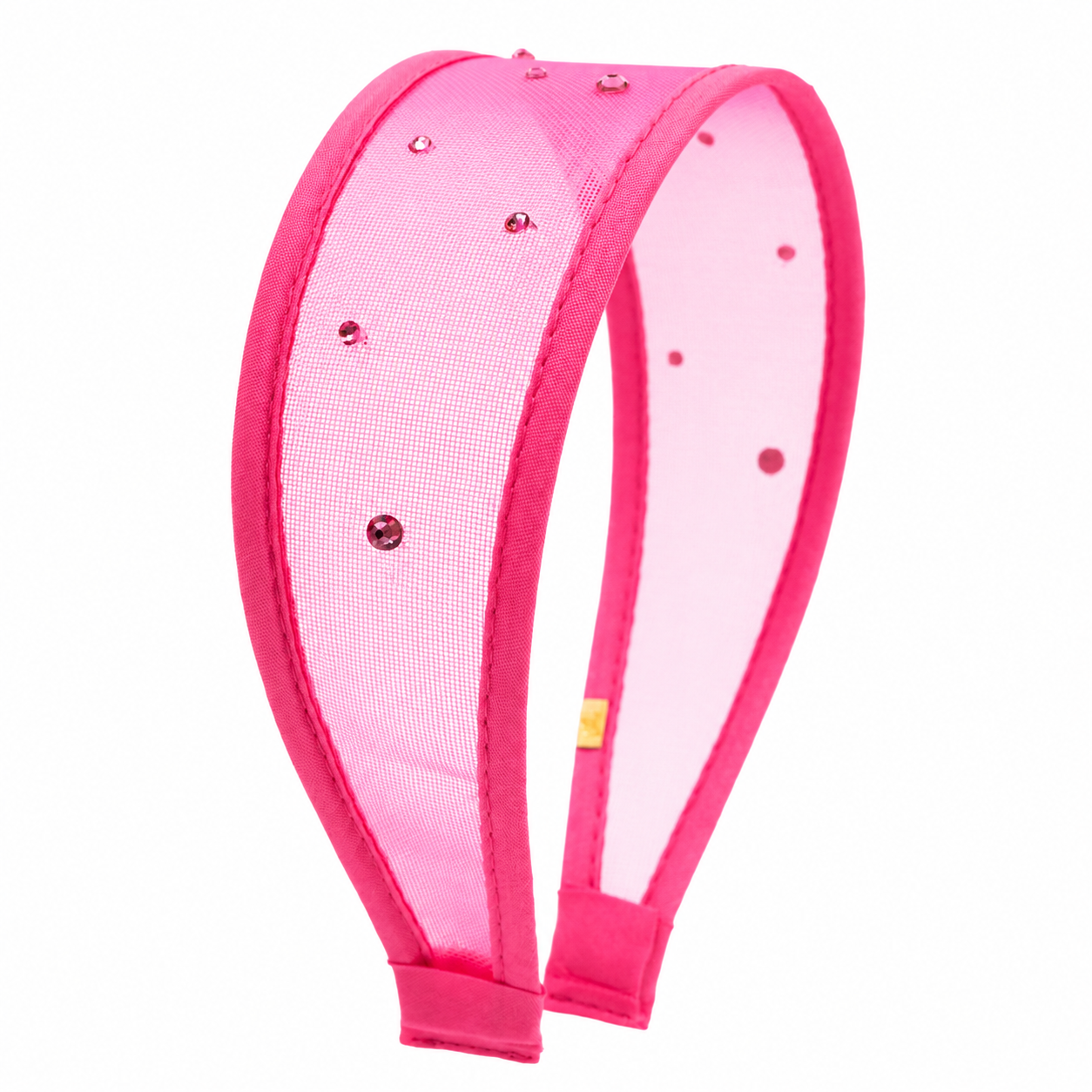A bright pink tween headband featuring a sheer mesh center panel decorated with small pink rhinestones, set against a plain white background.