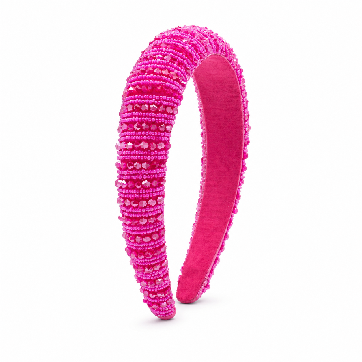 Hot pink Bari Lynn headband fully embellished with rows of sparkling glass beads for a bright, dimensional finish.