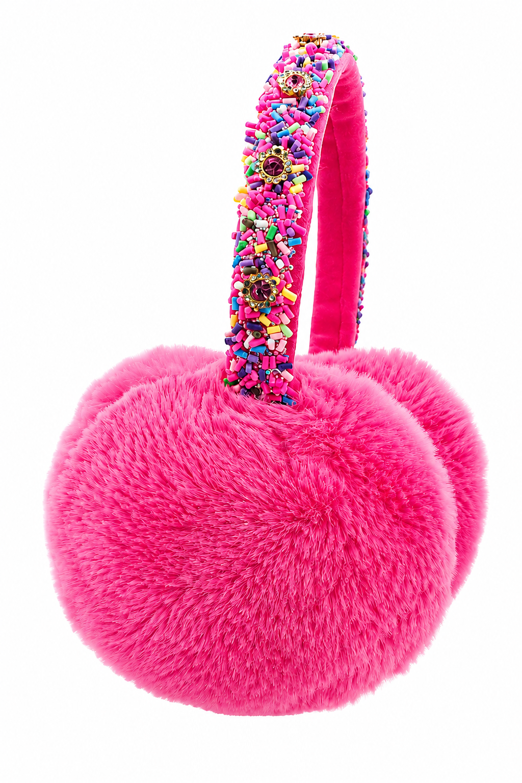 Hot pink plush earmuffs for girls featuring soft faux-fur ear covers and an adjustable headband decorated with colorful sprinkle-like embellishments and jeweled accents.