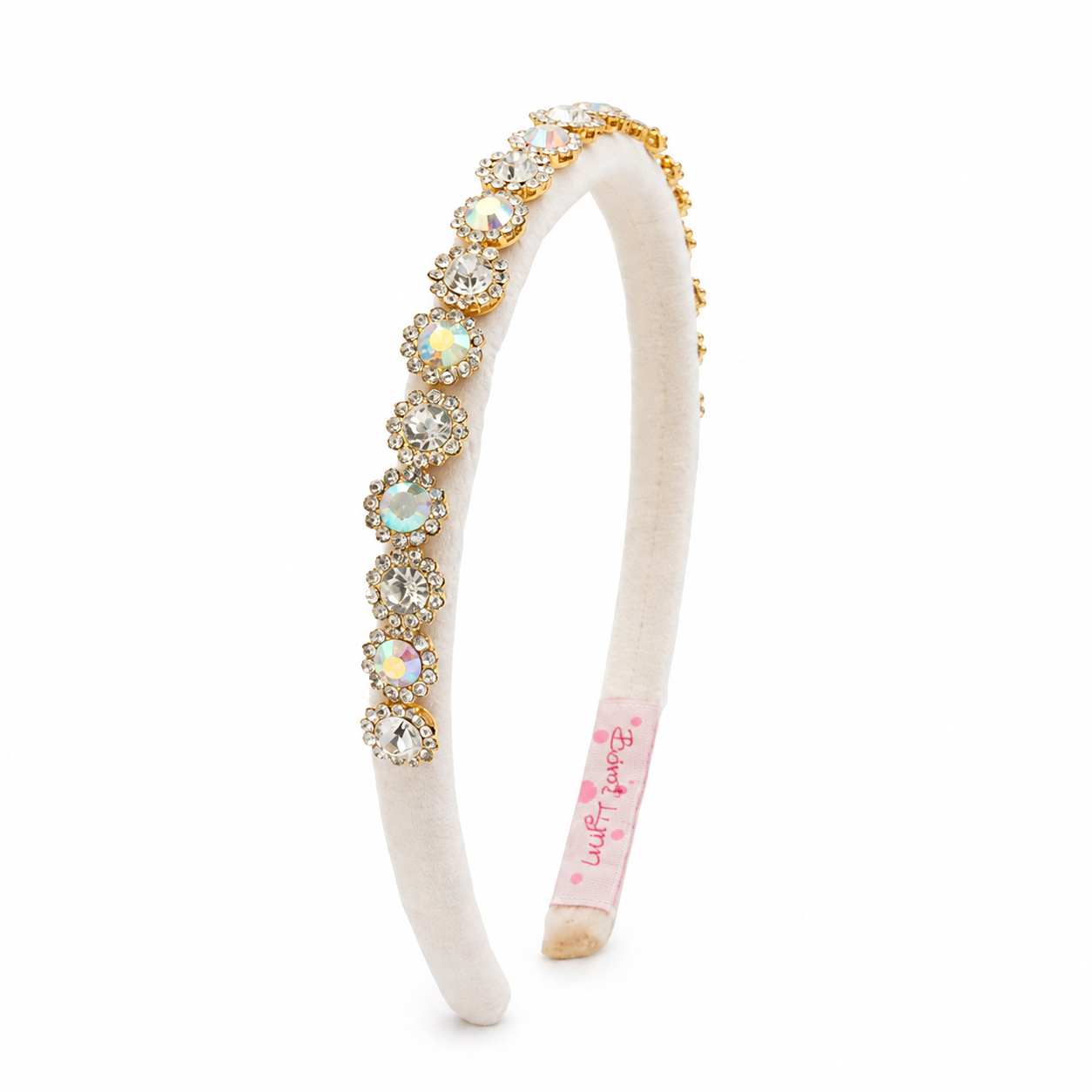 Slim ivory Bari Lynn velvet headband accented with round crystal and iridescent jewels in sparkling gold-tone settings.