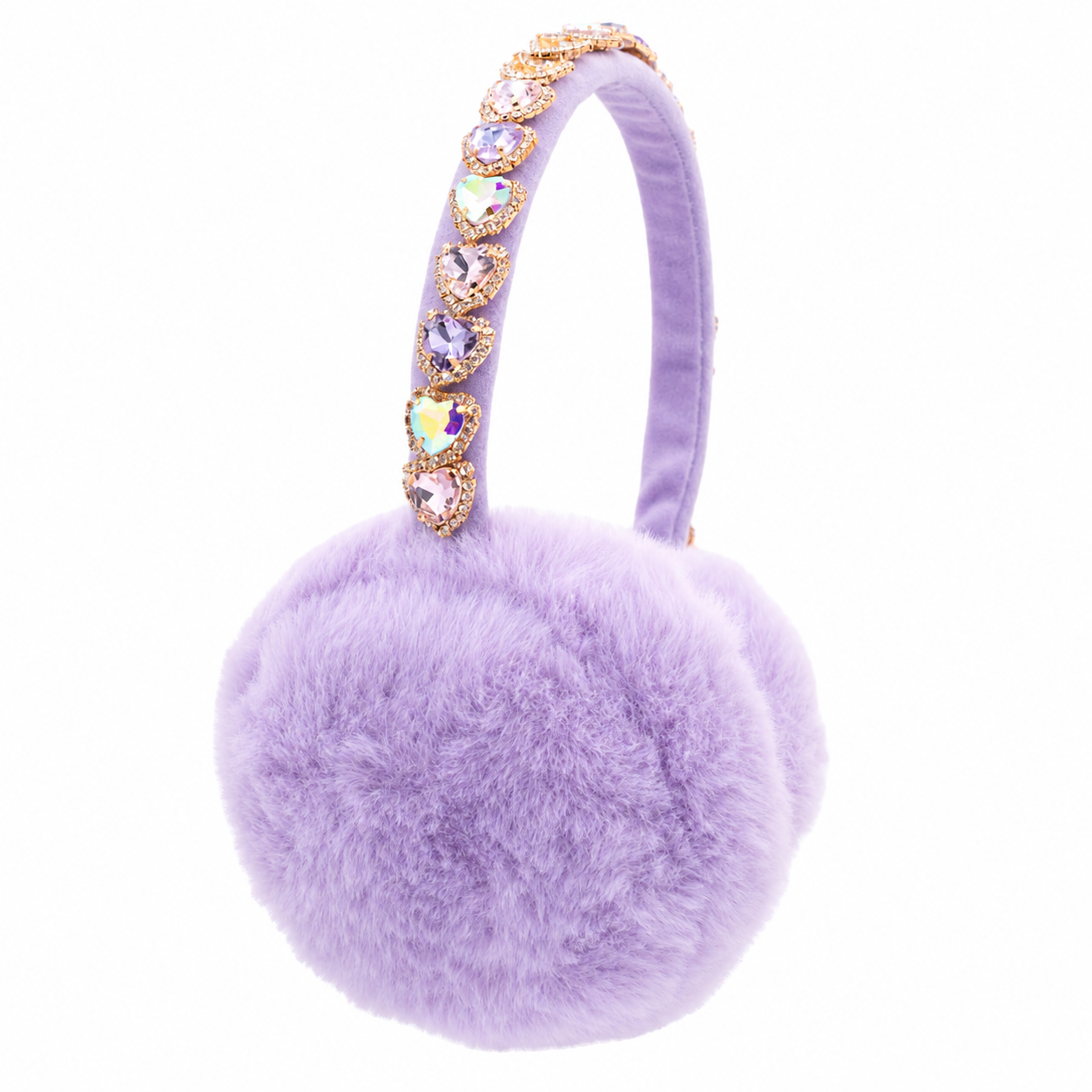 Lavender faux-fur earmuffs for girls featuring plush round ear covers and an adjustable headband decorated with large heart-shaped jeweled embellishments, recommended for ages 3–10.