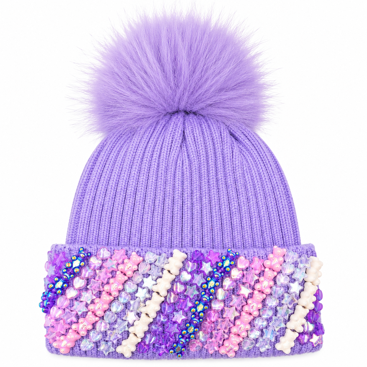 Lavender ribbed knit winter hat for girls with a fluffy faux-fur pom and a cuff decorated with colorful gummy bear, heart, star, and novelty bead charms.