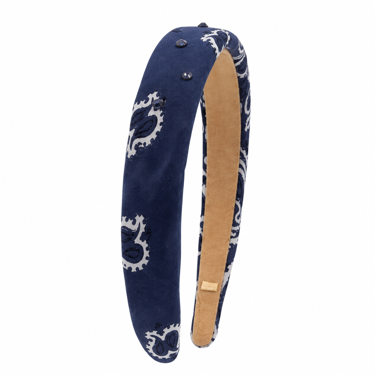 Navy Bari Lynn padded headband featuring a classic bandana-inspired paisley print for a fun western trend look.