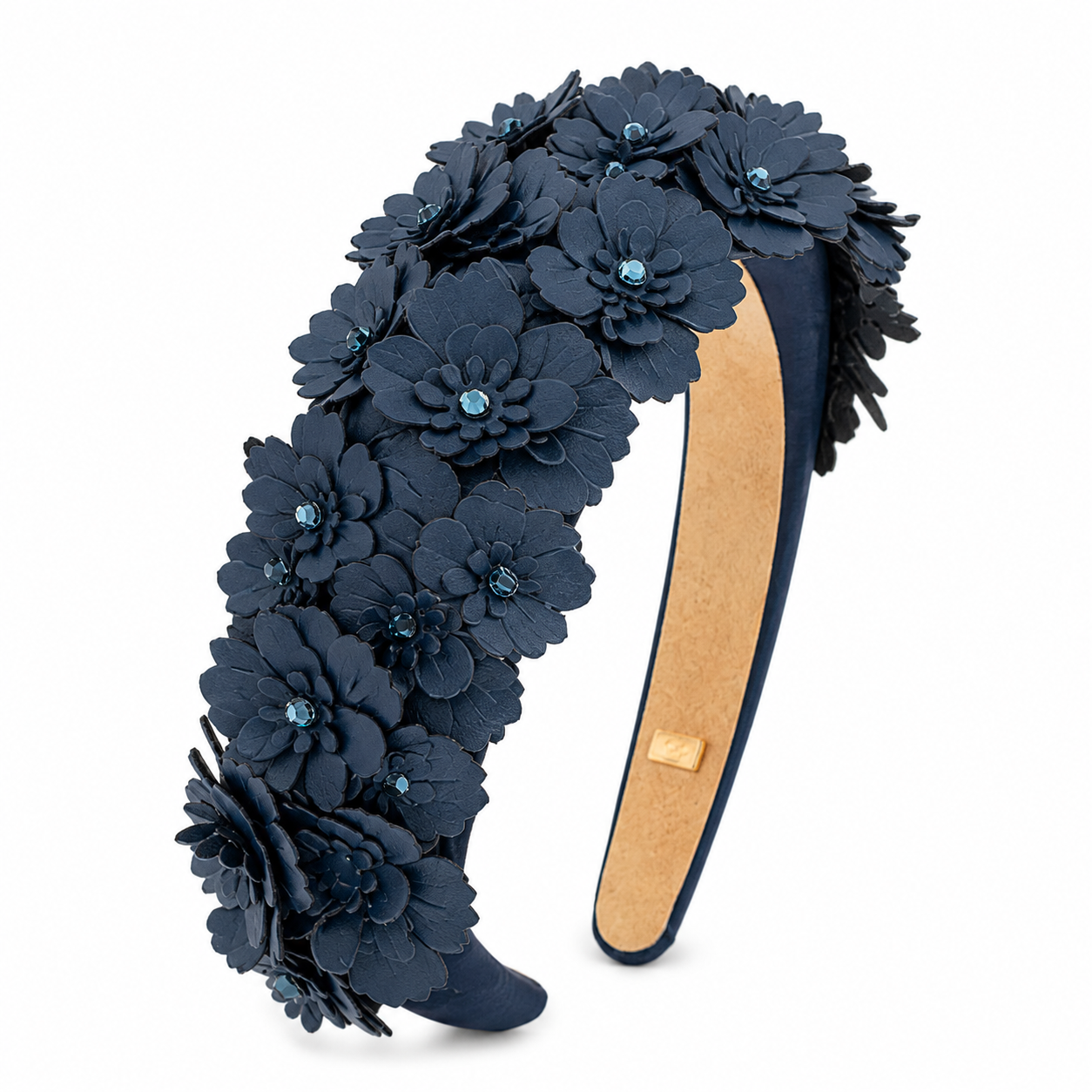 Navy Bari Lynn padded headband covered in layered 3D floral appliqués with sparkling crystal centers.