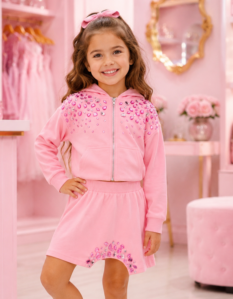 Pink girls zip hoodie and matching skirt with crystal gem embellishments