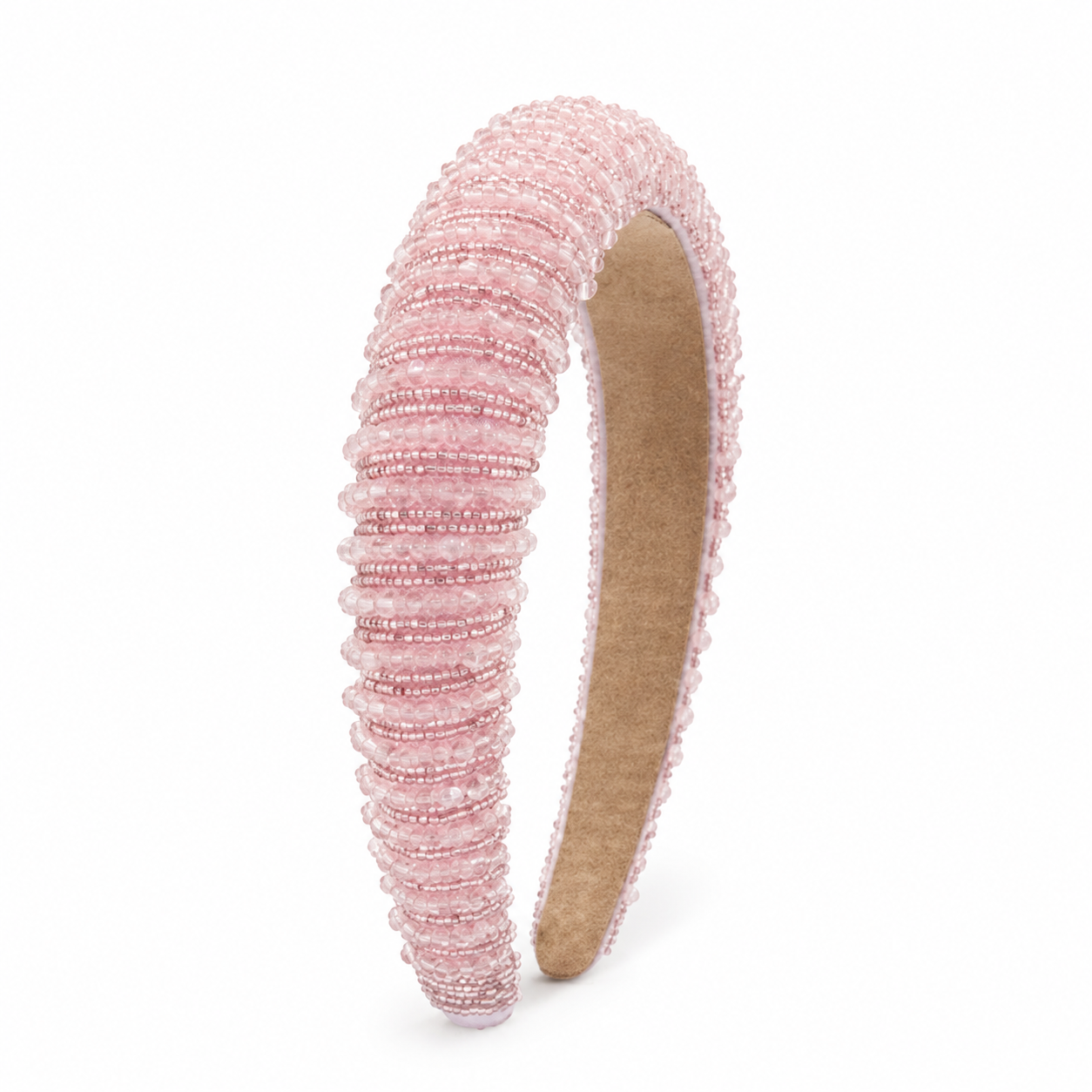Pink Bari Lynn padded headband fully covered in rows of delicate glass beads for a soft, dimensional sparkle.