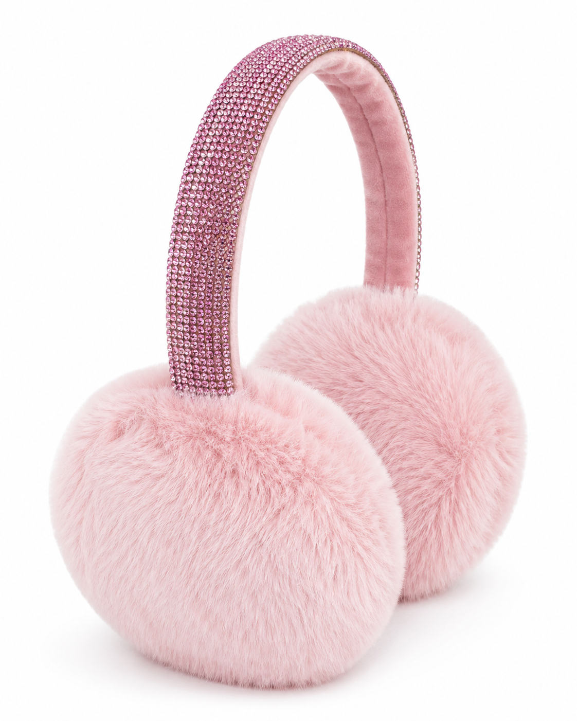 Pink faux-fur earmuffs for girls featuring plush round ear covers and a sparkling rhinestone-covered adjustable headband, recommended for ages 3–10.