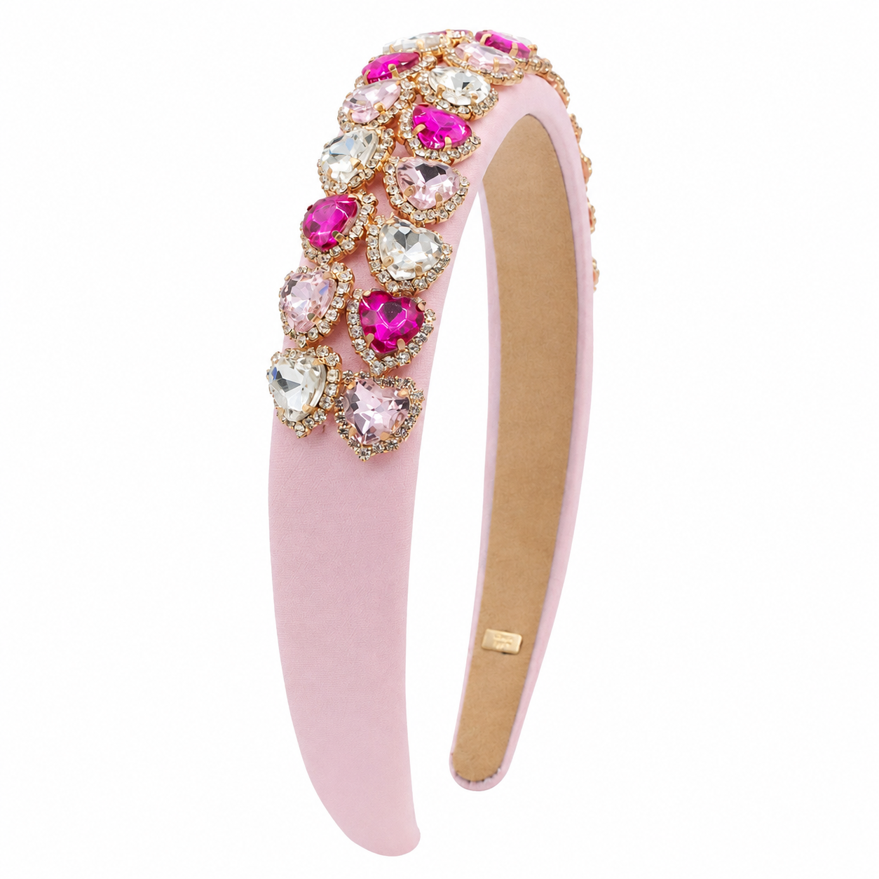 Pink satin Bari Lynn headband embellished with large pink and crystal heart-shaped jewels surrounded by sparkling rhinestone accents.