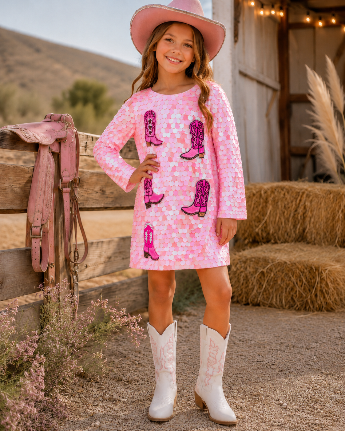 Rockwilde Cosima pink sequin western dress with cowboy boot appliqués