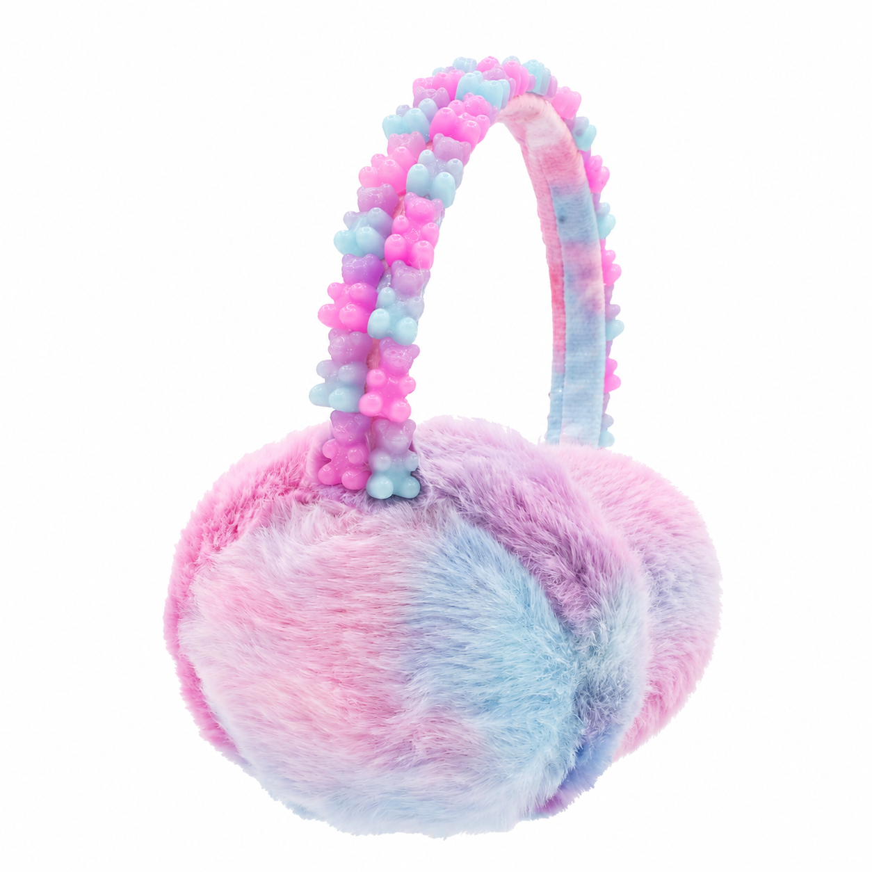 Pastel cotton candy faux-fur earmuffs for girls featuring pink, blue, and lavender plush ear covers with an adjustable headband decorated in gummy bear charms by Bari Lynn.