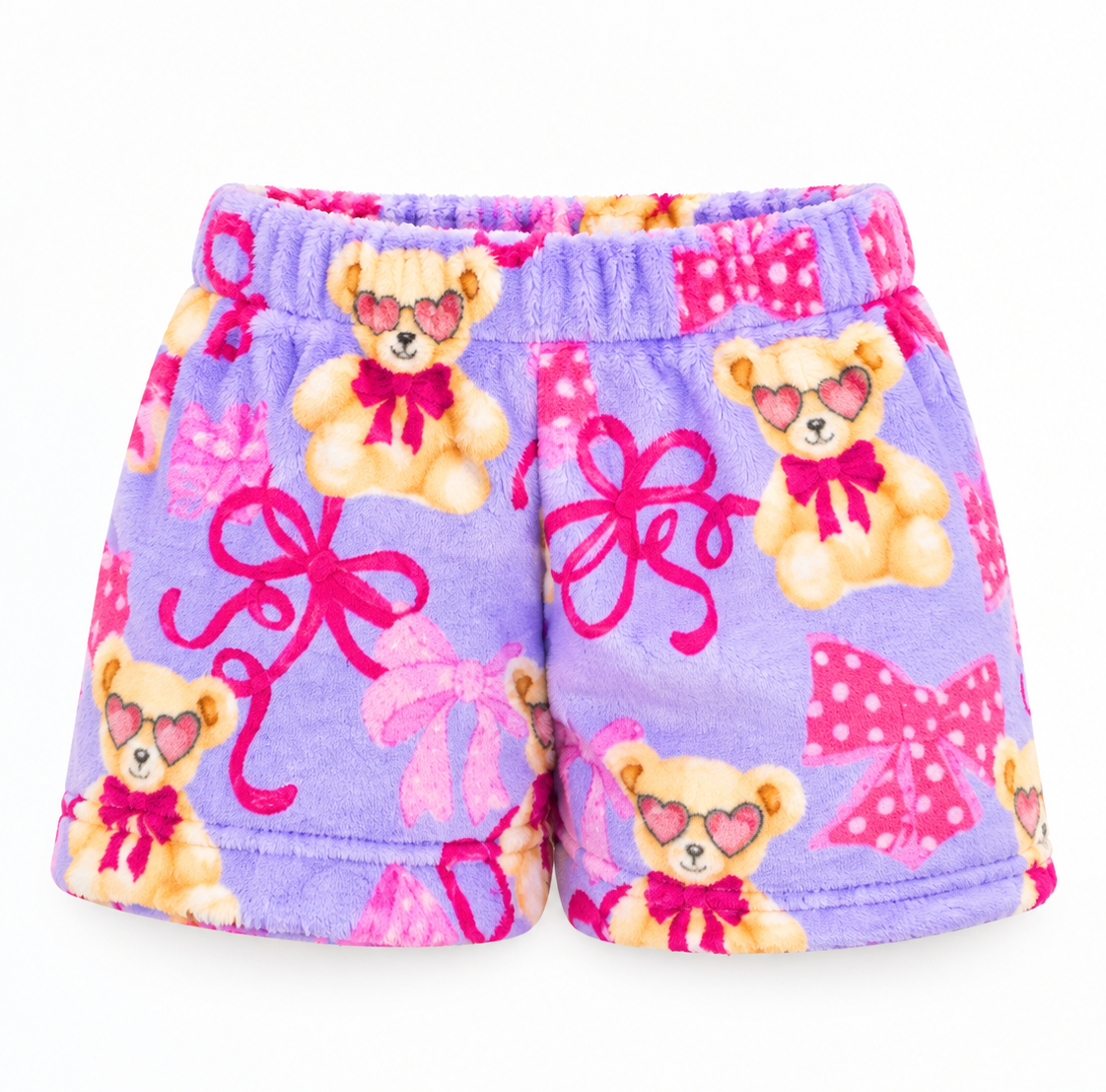 Girls lavender plush lounge shorts with teddy bear and pink bow print by Preppy Goose