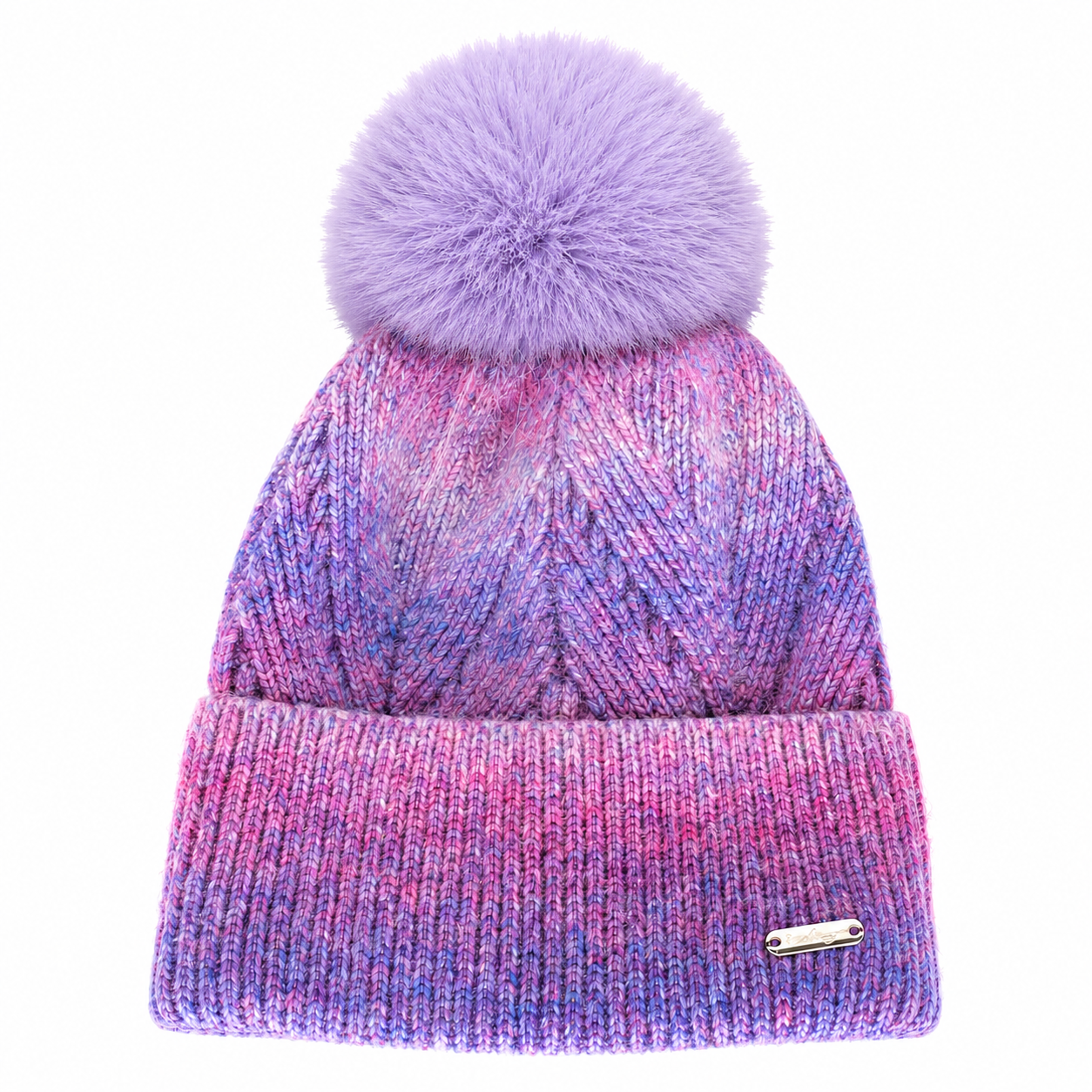 A purple, pink, and blue ombre knit girls winter hat with a wide folded cuff and fluffy lavender fur pom.