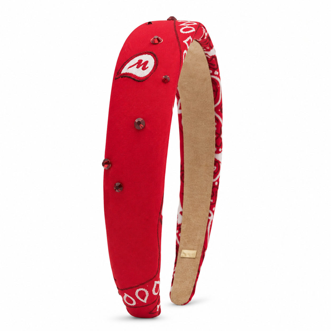 Red Bari Lynn padded headband featuring a classic bandana-inspired paisley print for a fun western trend look.
