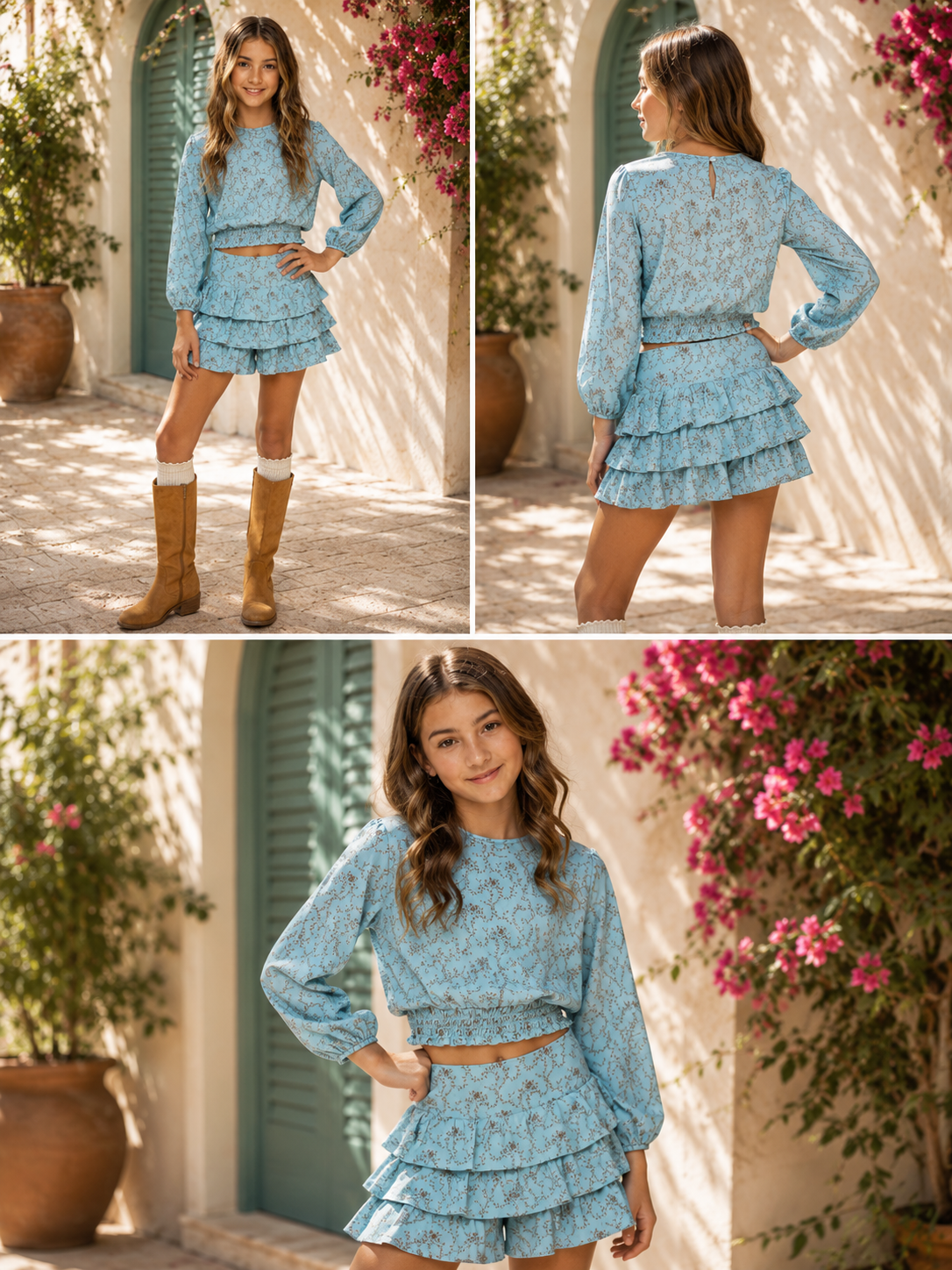 Fashionable tween girl modeling the Tenly Glacier Bloom floral two-piece outfit with smocked cropped top and layered ruffle knit skirt.