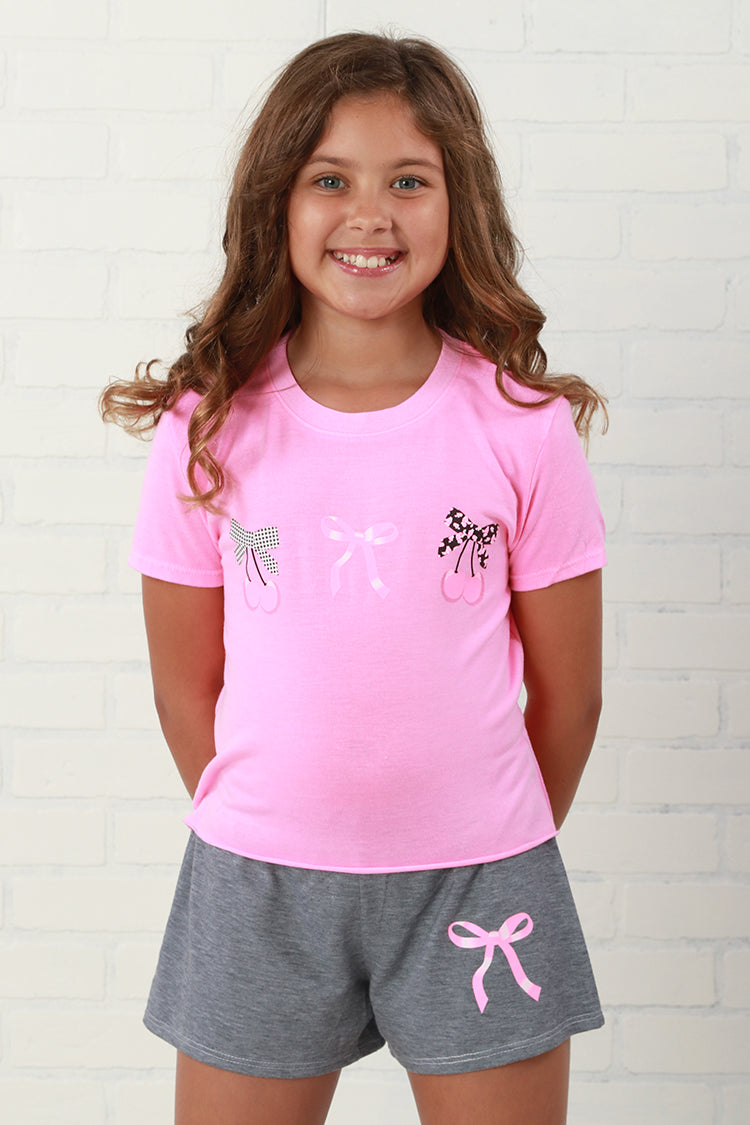 Firehouse NY Girls Neon Pink Cherry + Bow Tee