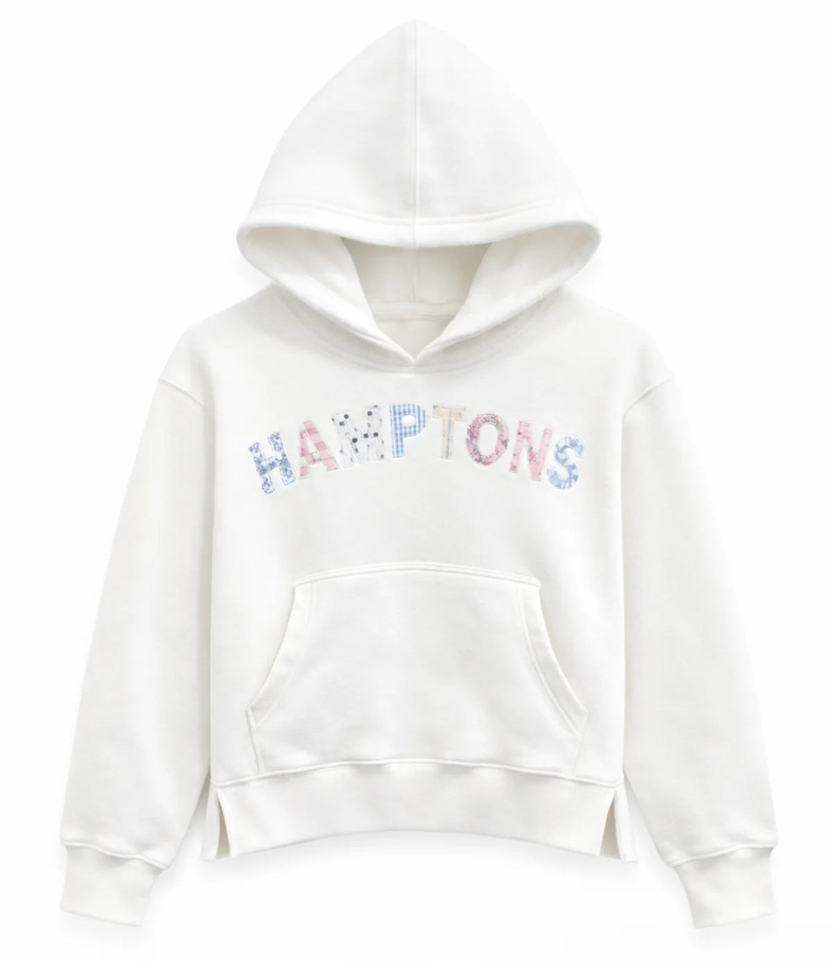 tween girls White hoodie with 'HAMPTONS' text in colorful letters on a white background