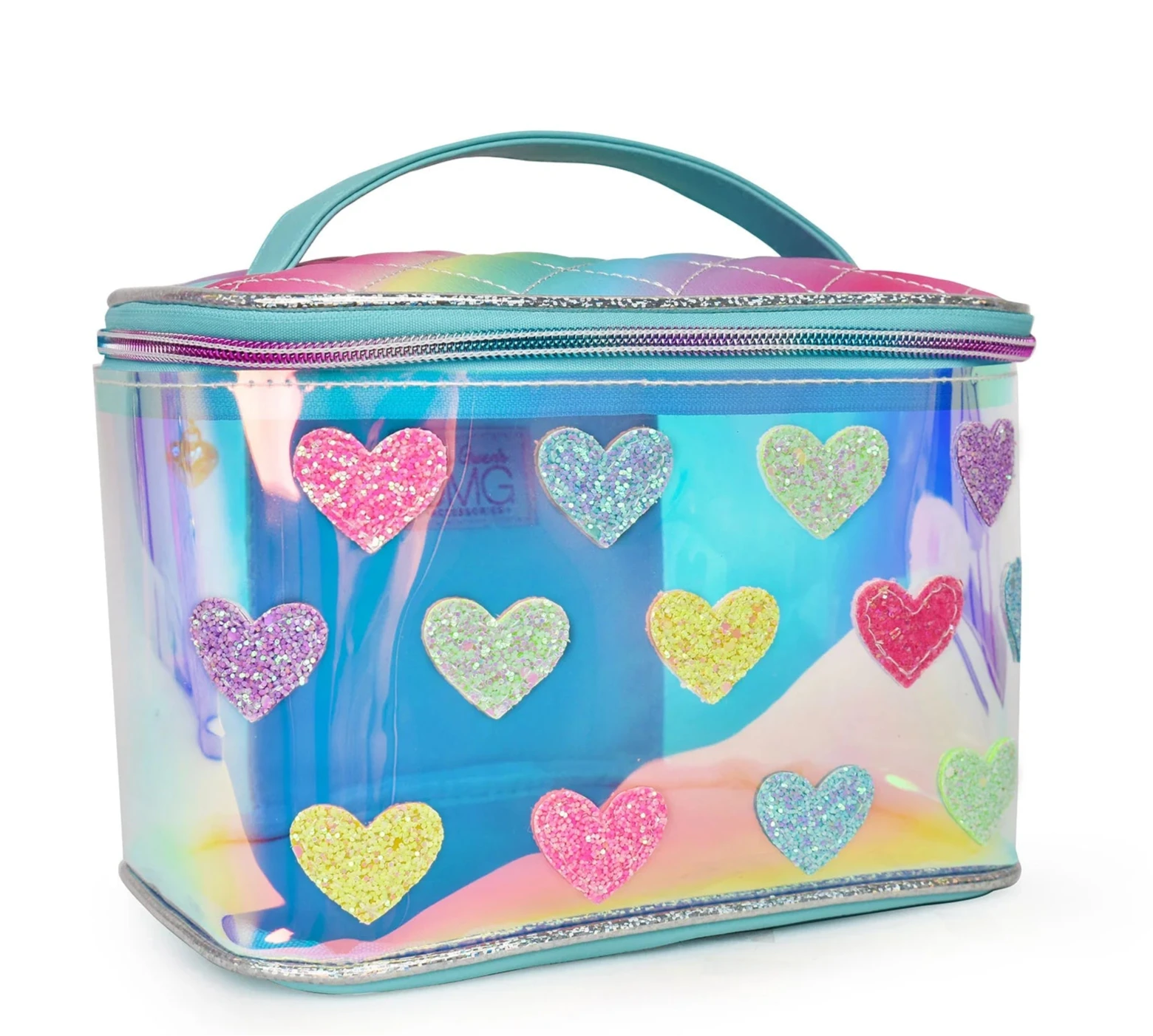 Glitter Heart-Patched Glazed Organizer Bag- Aqua/Pink - Everything But The  Princess, image size:1560x1402