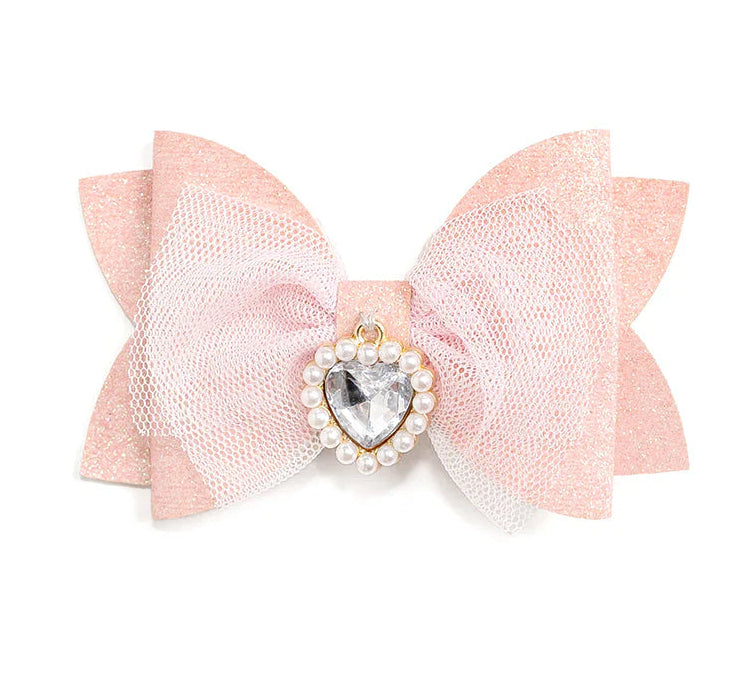 Sweet Wink Heart Charm Glitter Bow Clip
