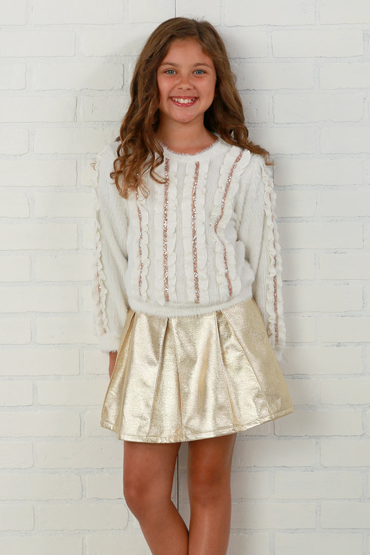 Hannah Banana Fuzzy Knit L/S Sweater with Metallic Sequin Ruffles