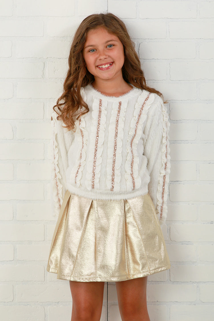 Hannah Banana Fuzzy Knit L/S Sweater with Metallic Sequin Ruffles
