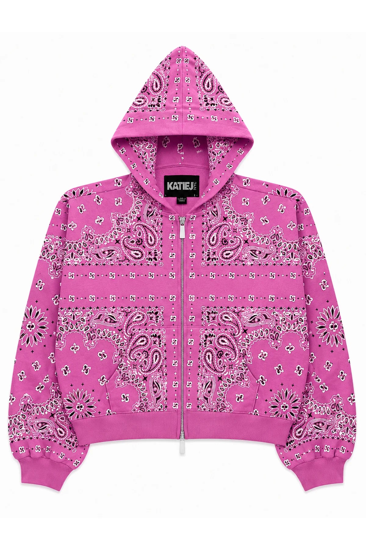 Hot pink bandana print KatieJ NYC zip hoodie for girls with relaxed fit and trendy paisley-inspired print