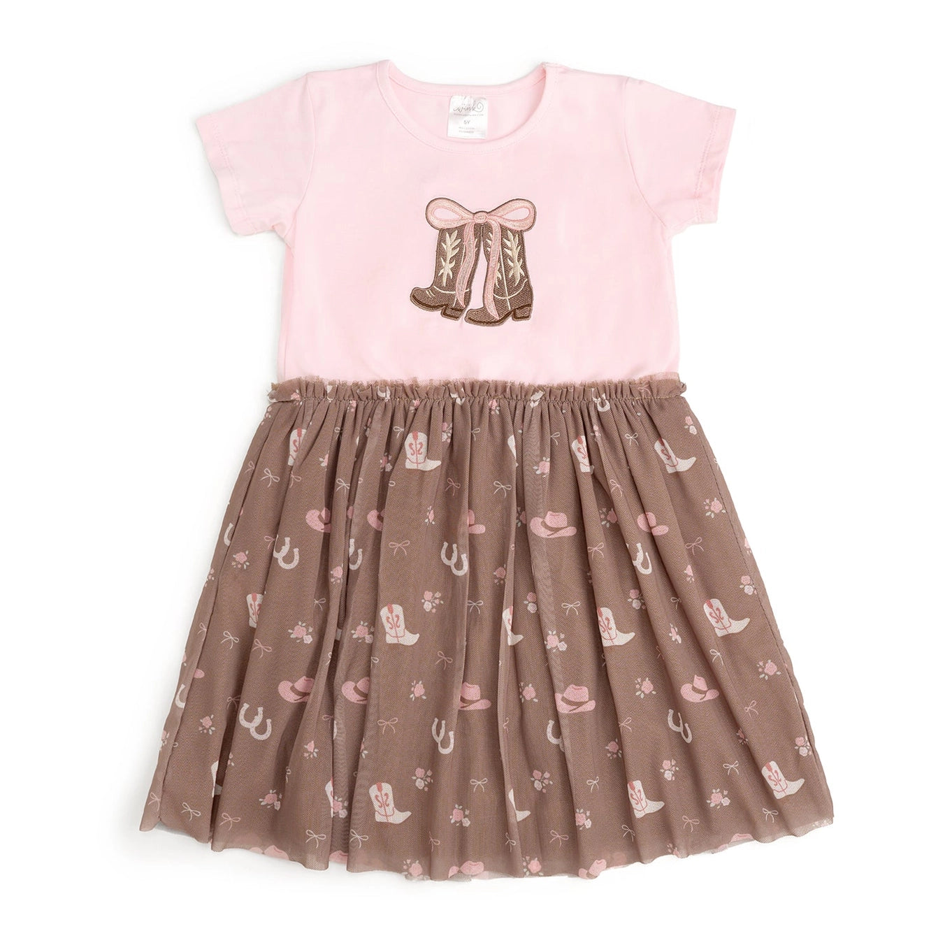 Pink dress with cowboy boot and bow design on a white background
