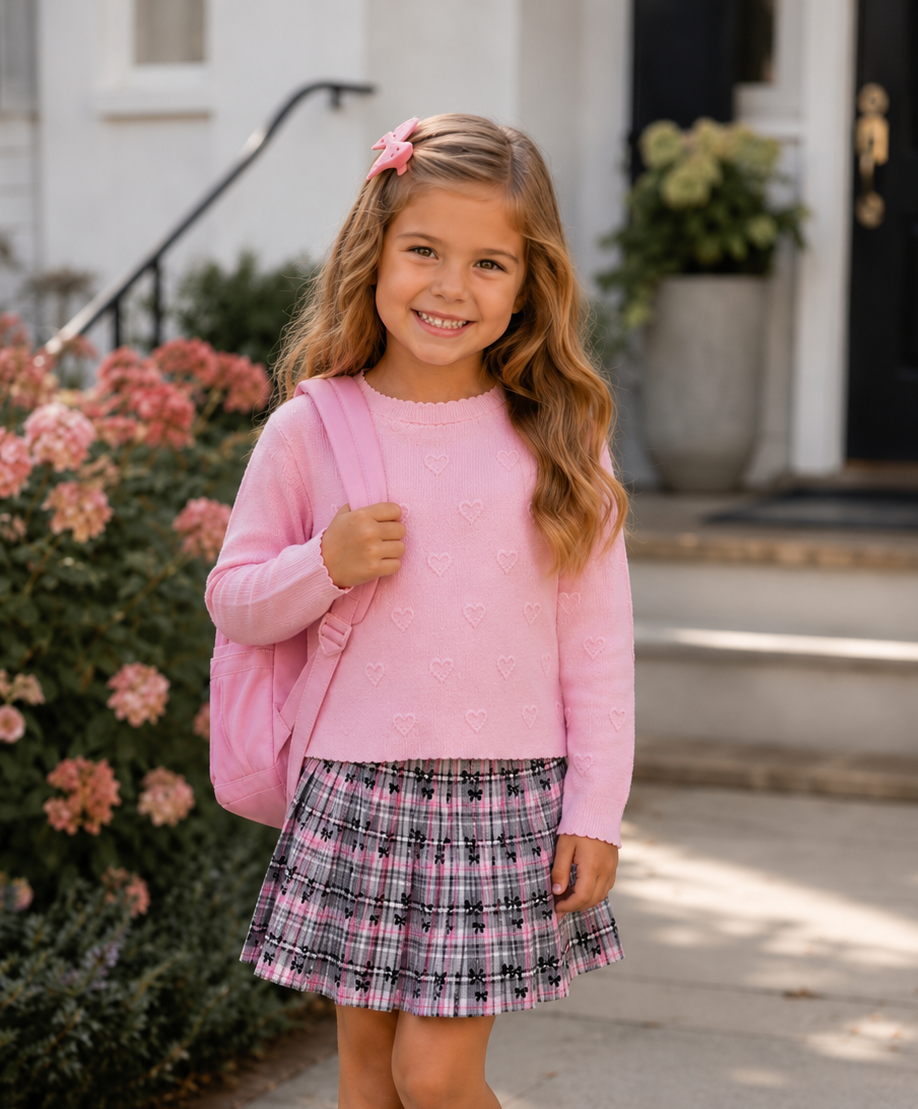 A young girl with long wavy light brown hair stands on a front porch wearing a pink long-sleeve knit sweater, a pink and gray plaid pleated skirt, white socks, and pink shoes, while carrying a pink backpack.