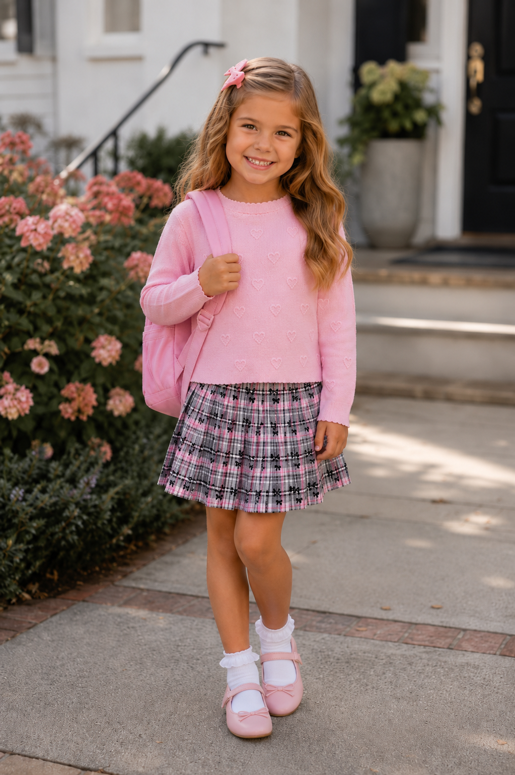 Design History Girls Pink Heart Sweater & Plaid Skort Set  * Built In Shorts *
