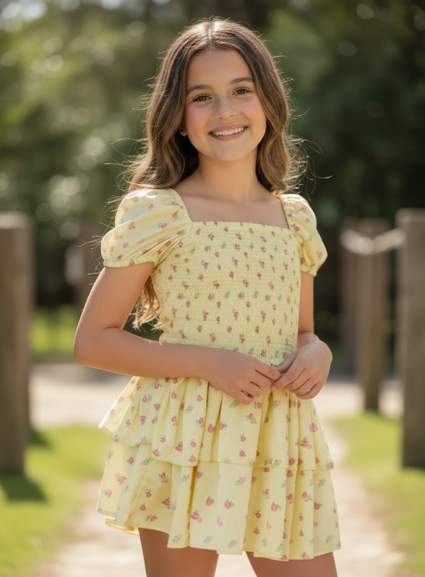 Theme NYC Lexi Yellow Ditsy Satin Smocked Ruffle Dress