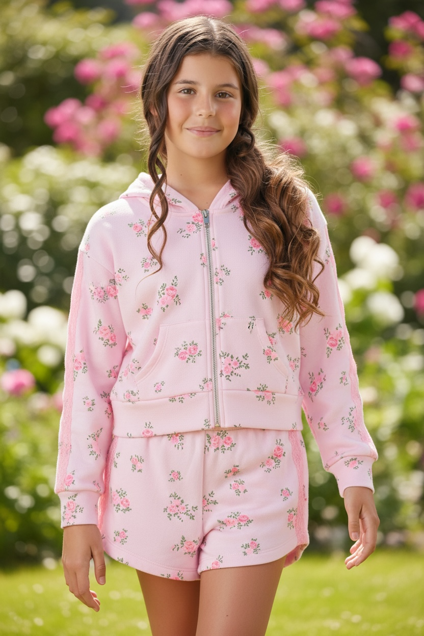 Flowers By Zoe Pink Cabbage Zip Up Hooded Sweatshirt