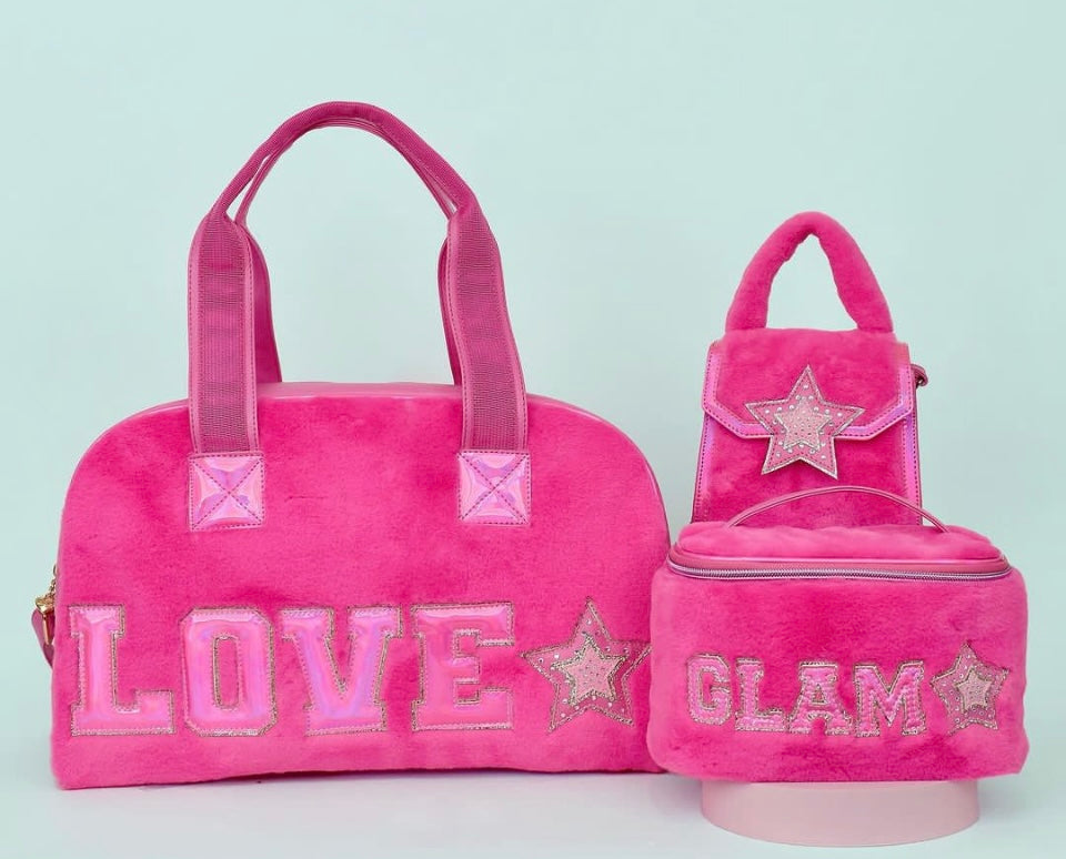 &#39;Love&#39; Hot Pink Plush Duffel Bag