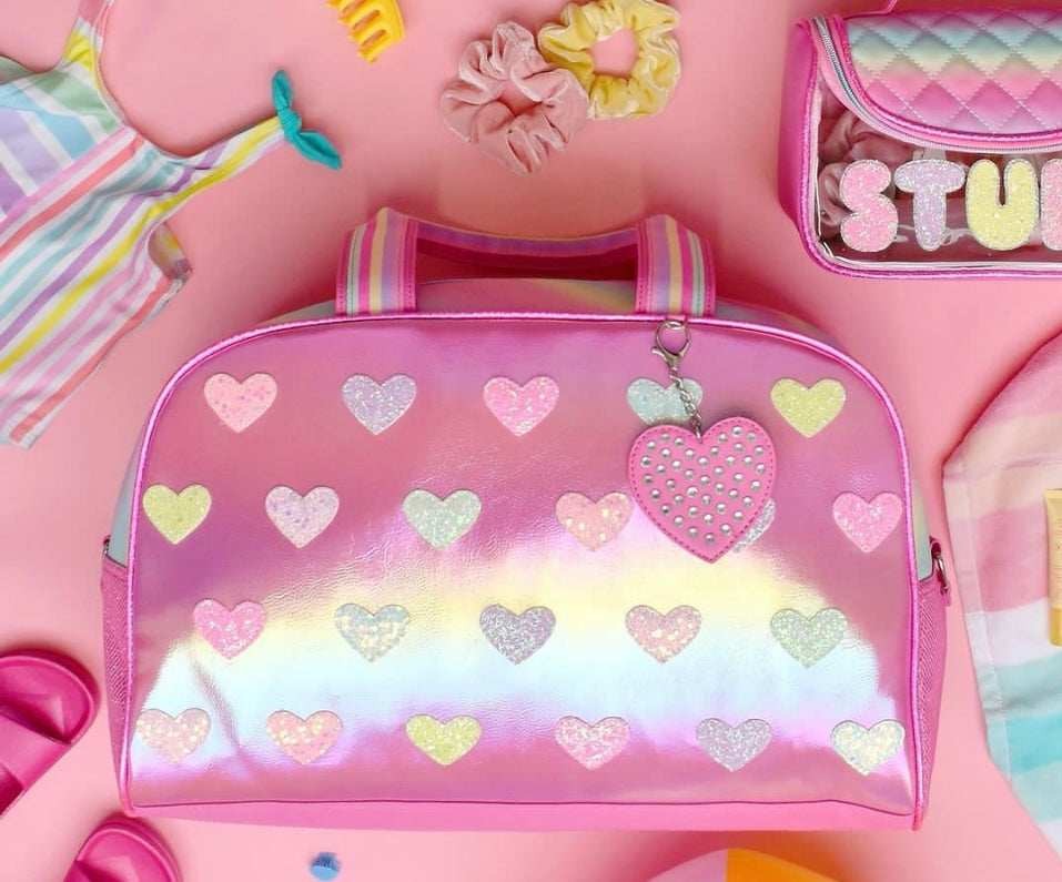 Metallic Heart-Patched Pink Large Duffle Bag