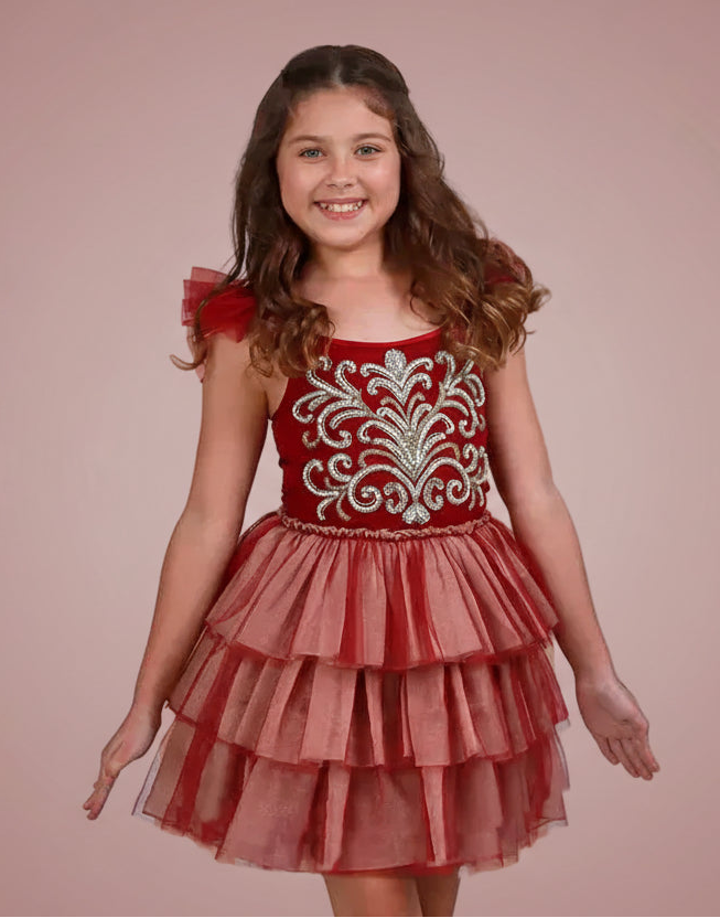 Ooh! La, La! Couture Clara Dress in berry featuring an intricately beaded bodice, ruffled straps and a full three-tiered tulle skirt.