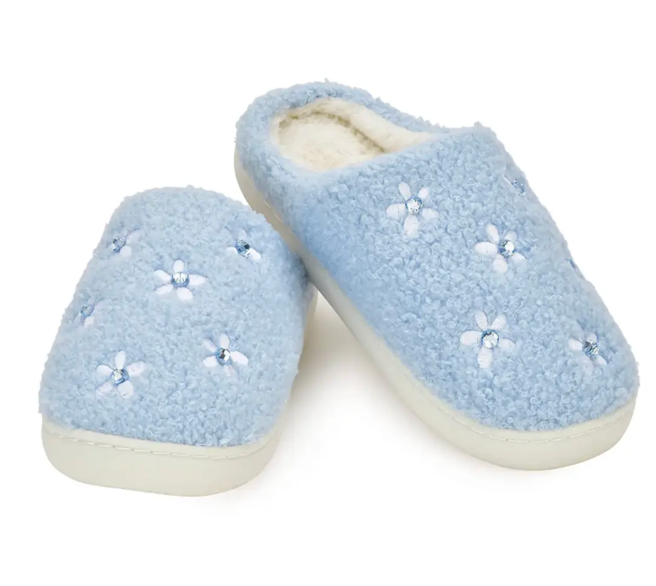 Iscream Blue Ditsy chenille slippers with embroidered daisies