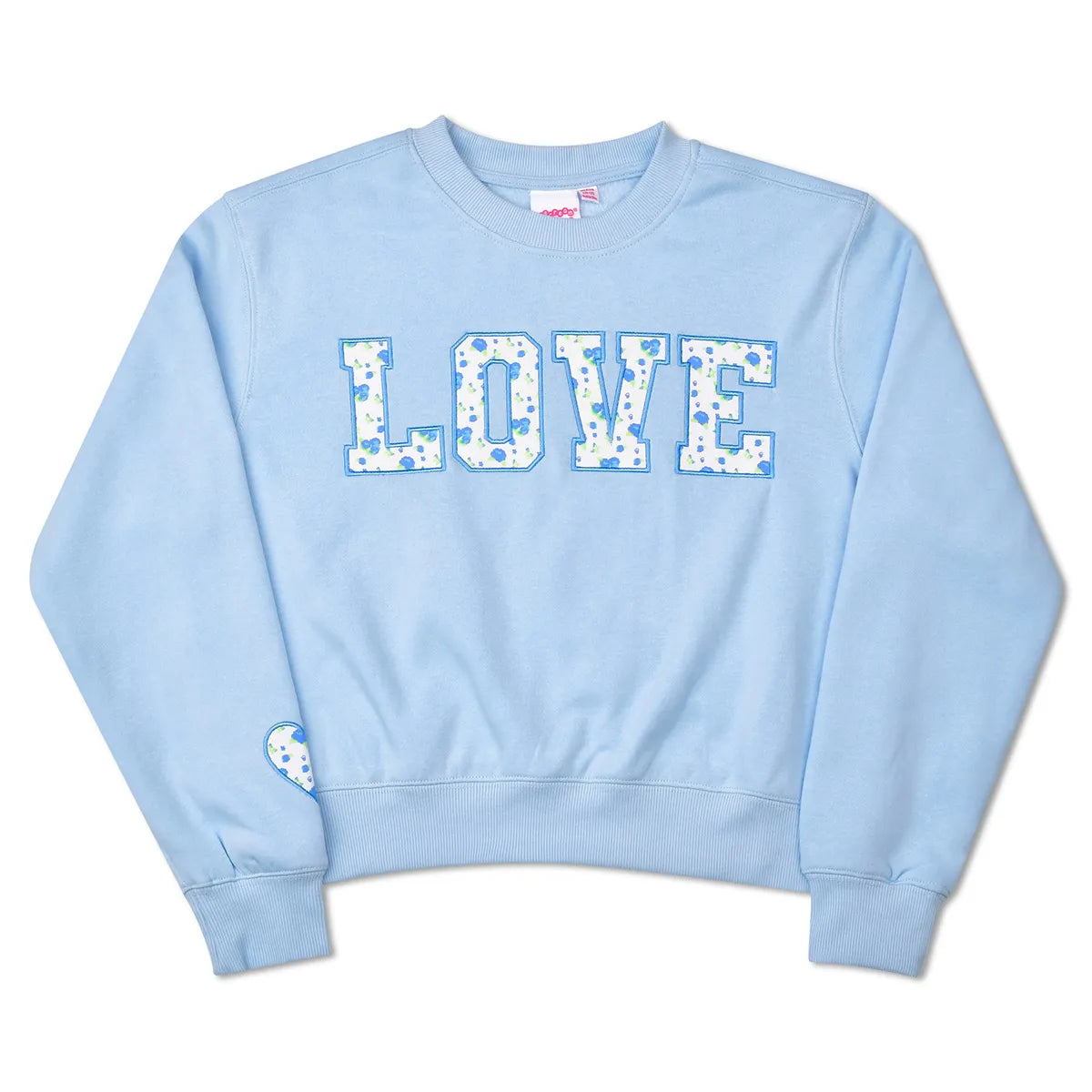 Pastel blue girls sweatshirt by Iscream featuring a floral LOVE applique and coordinating floral heart detail on the sleeve.