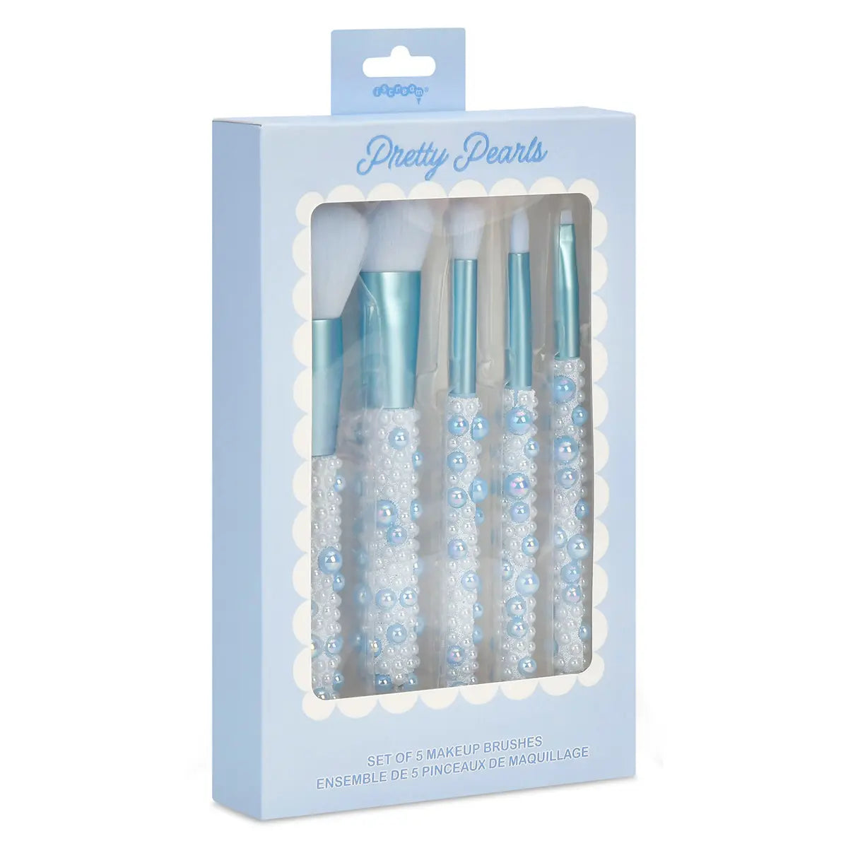 Iscream Blue Pearl Makeup Brush Set that coordinates with the matching Blue Pearl Hair Brush, Mirror, Lip Gloss, Robe, Slippers, Blanket, and beauty accessories for a complete girls gift collection.