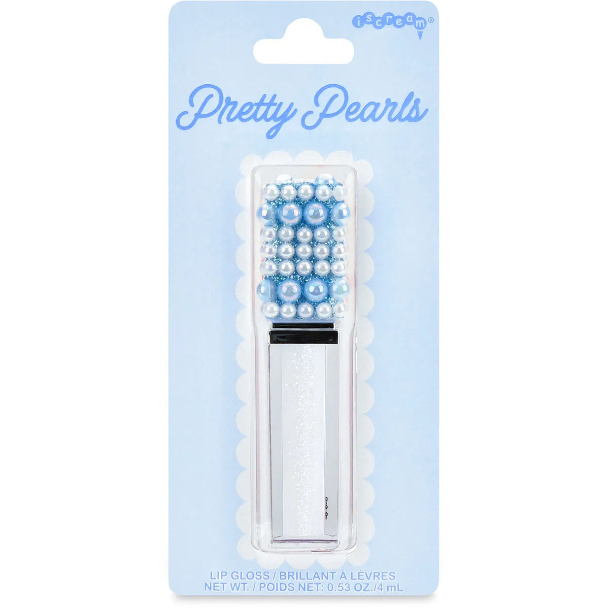 Blue Pearl Lip Gloss by Iscream featuring a shimmering lip gloss with a decorative pearl embellished cap for girls and tweens.