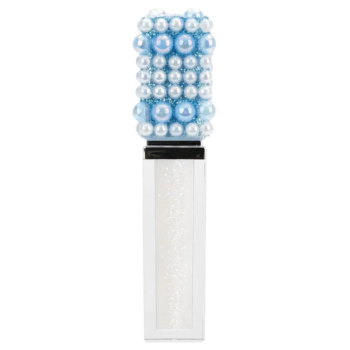 A cosmetic tube with a decorative top featuring light blue and white pearl-like beads, with a clear rectangular body showing a glittery white formula inside.
