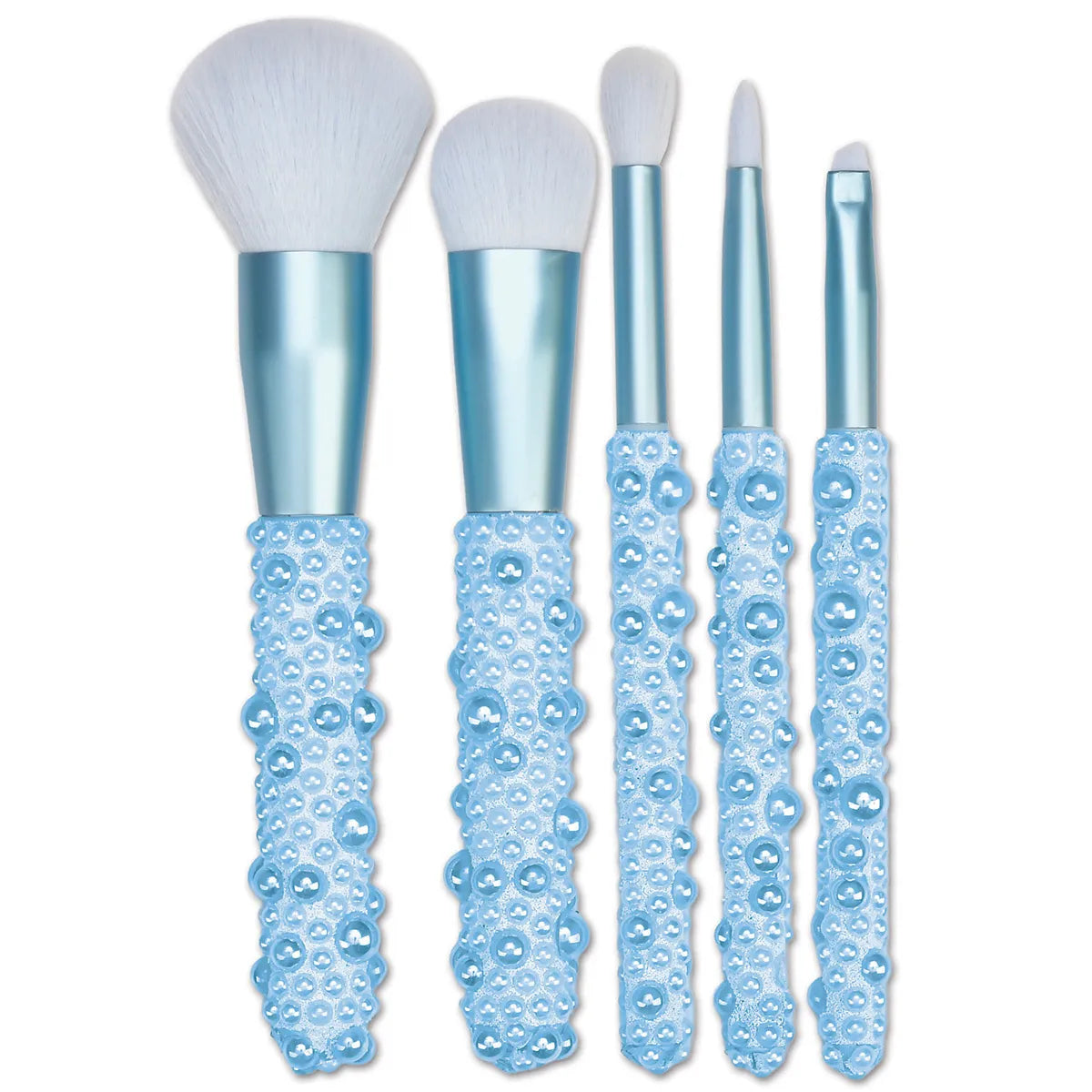 Five-piece Blue Pearl Makeup Brush Set by Iscream featuring powder, blending, crease, eyeshadow, and eyebrow brushes with pearl embellished handles.