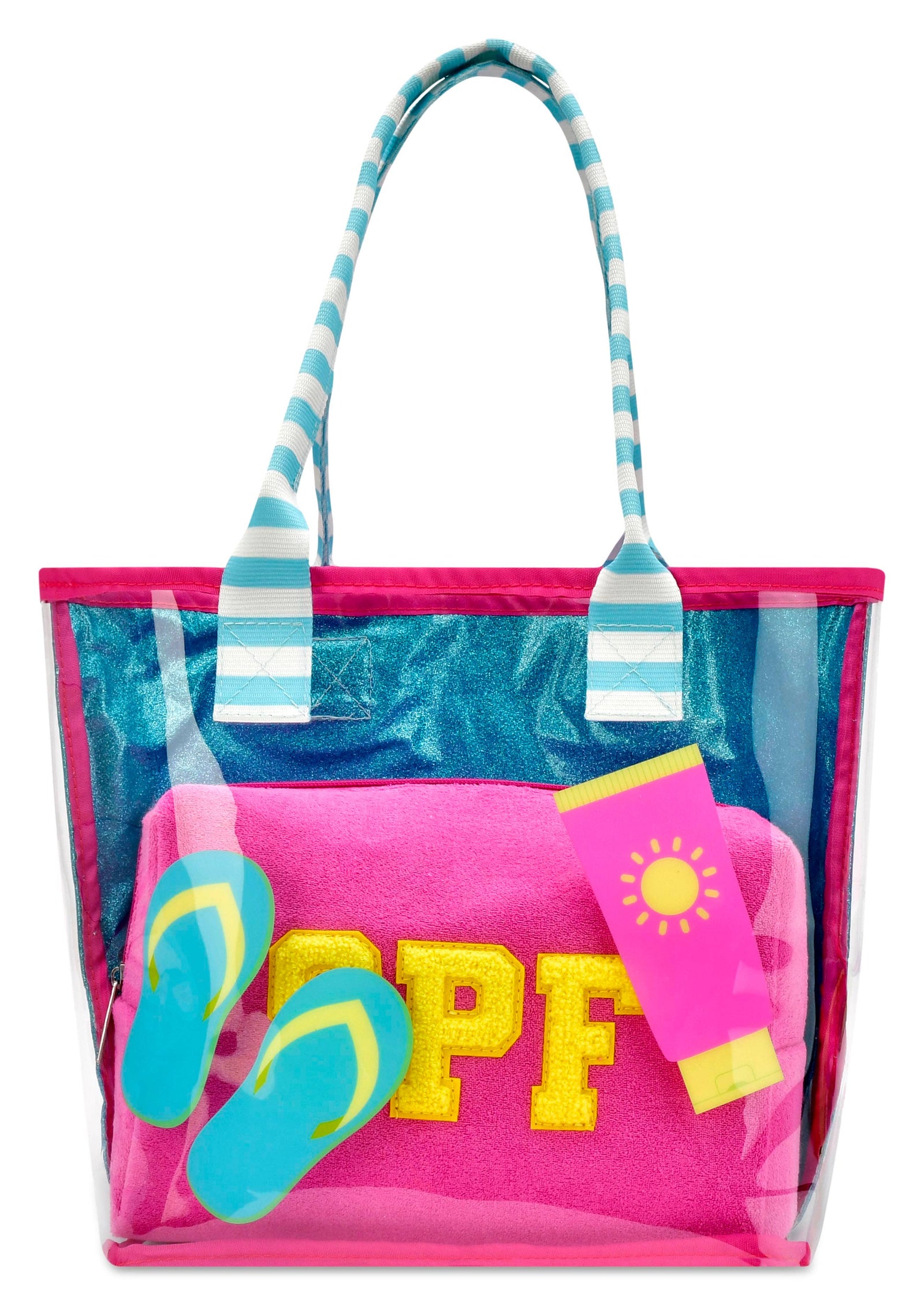 Iscream Pool Party clear beach tote with matching terry cosmetic bag featuring colorful chenille SPF lettering for girls and tweens.