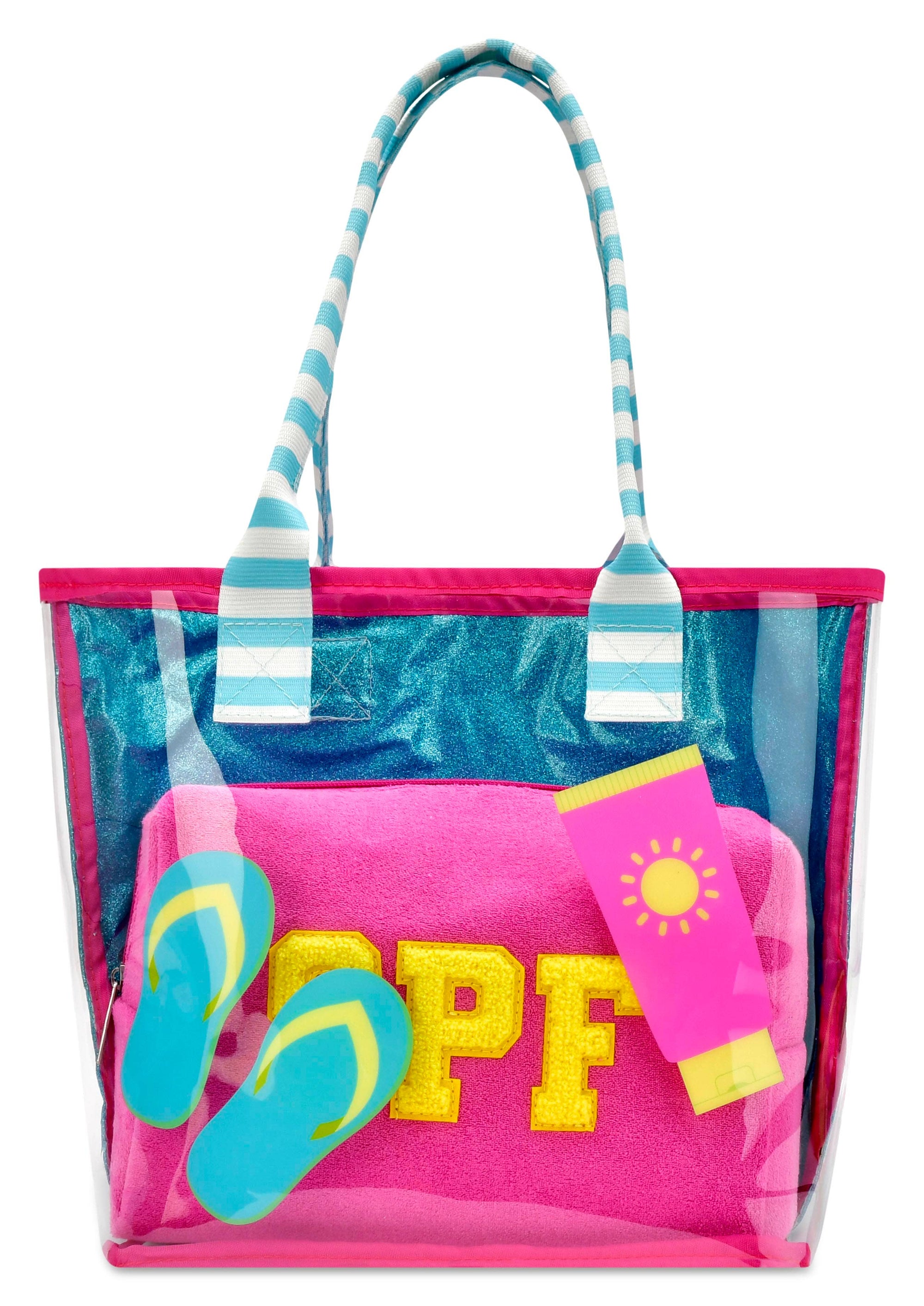 Iscream Pool Party clear beach tote with matching terry cosmetic bag featuring colorful chenille SPF lettering for girls and tweens.