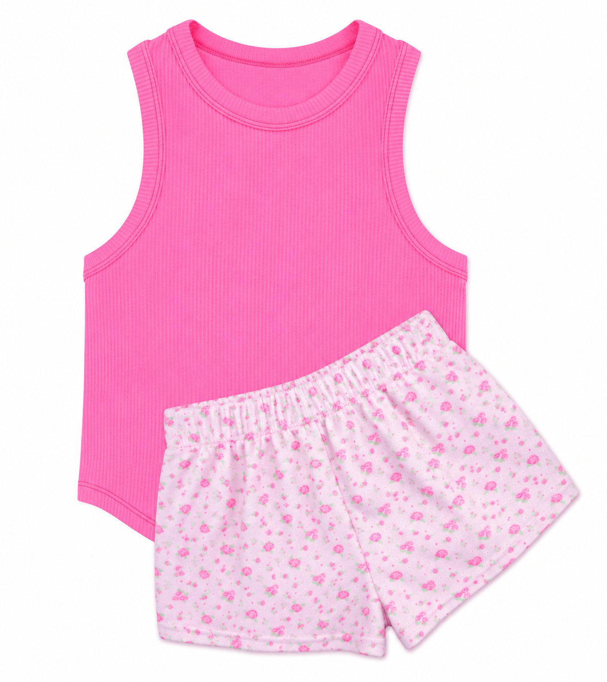 A two-piece girls lounge set  by ISCREAM featuring a bright pink ribbed tank top and light pink shorts with a darker pink floral pattern, displayed on a clean white background.