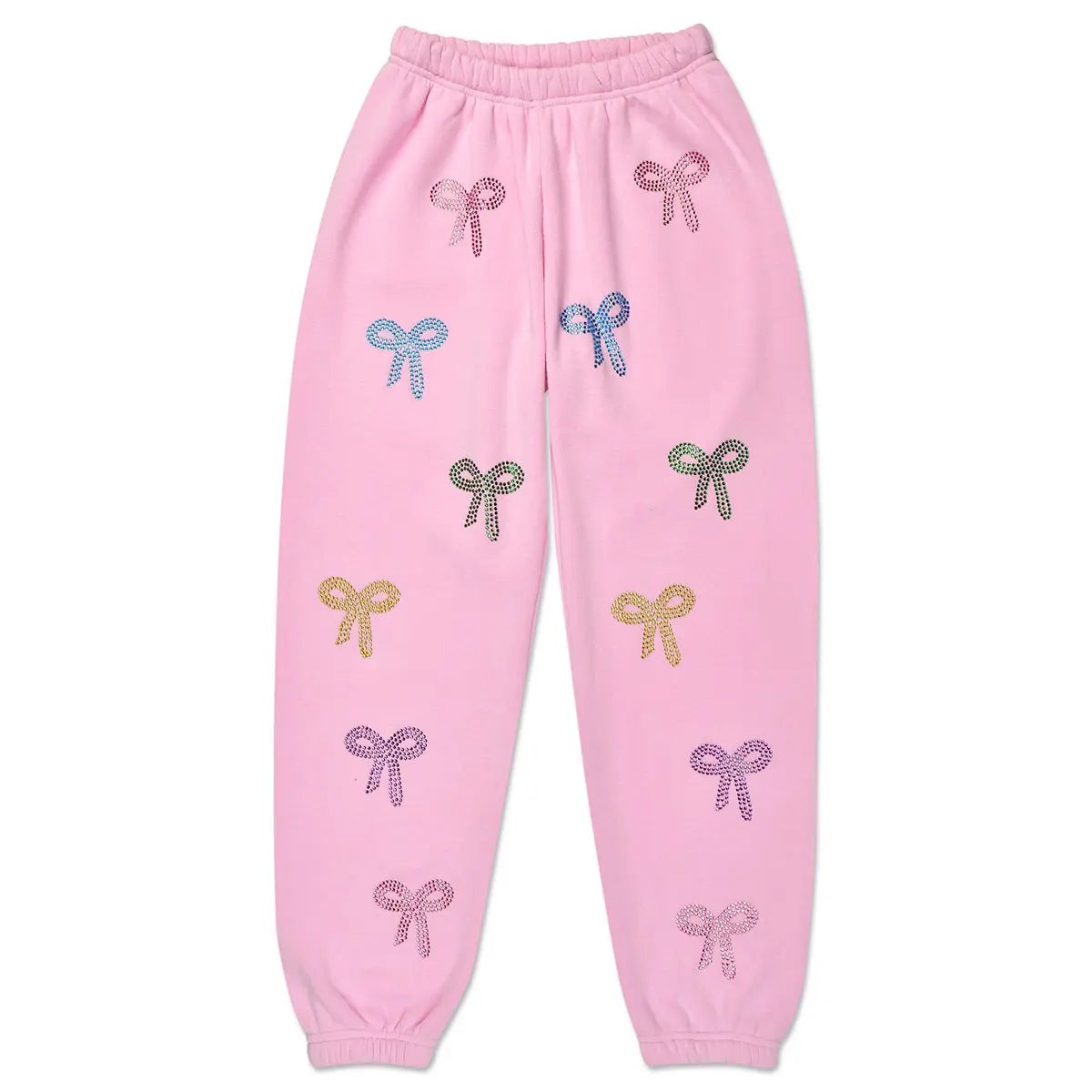 Pink girls sweatpants with colorful rhinestone bow embellishments