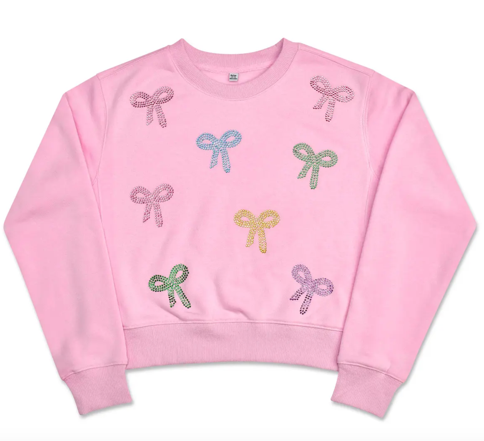Pink Iscream sweatshirt with colorful rhinestone bow embellishments