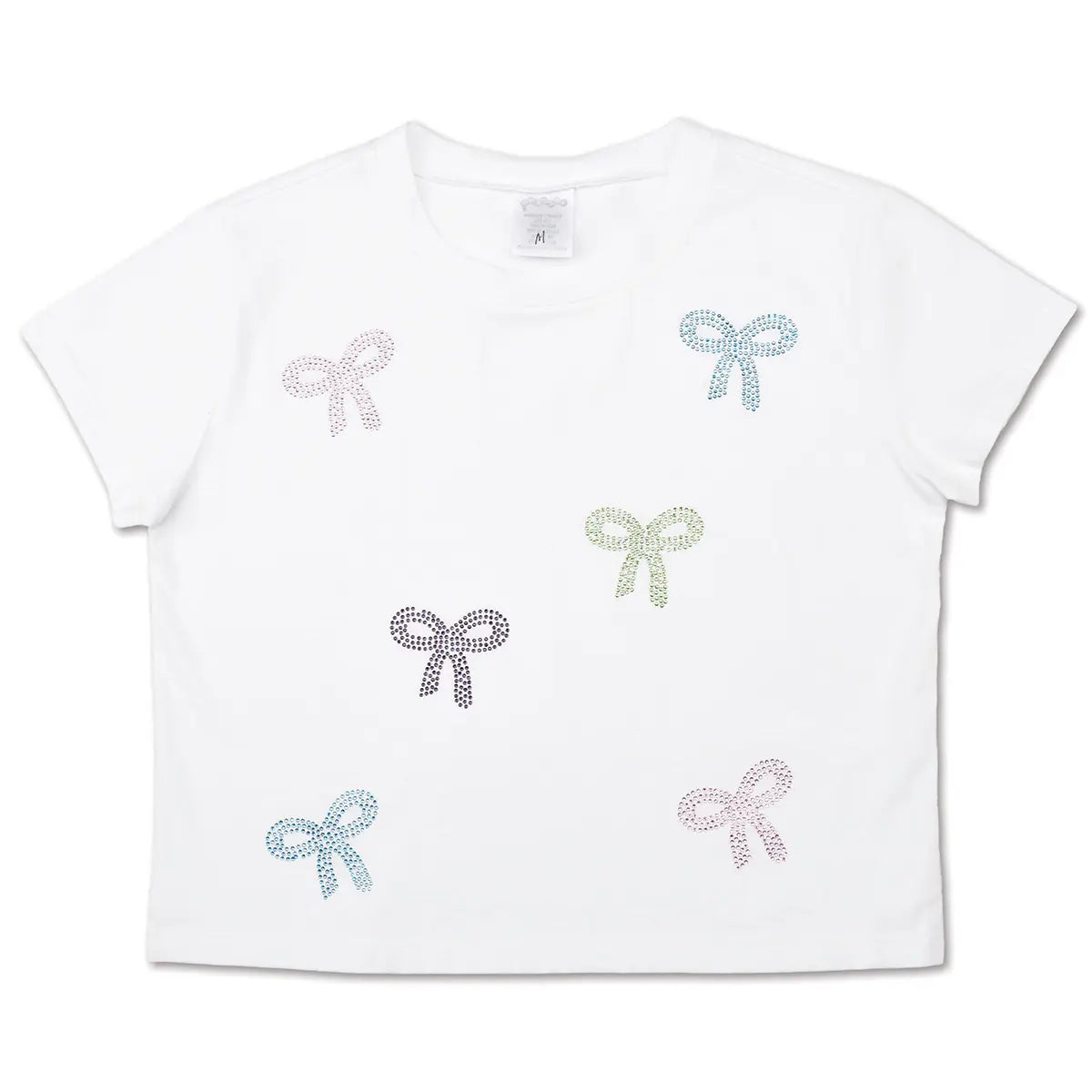 White Iscream t-shirt with colorful rhinestone bow embellishments