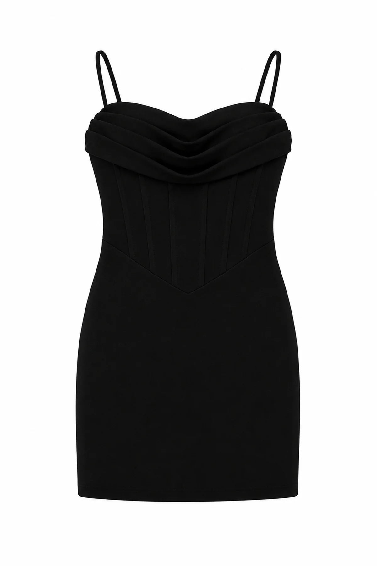 A tween girls black ribbed knit mini dress with spaghetti straps, a sweetheart neckline, and a draped cowl detail across the chest, shown against a plain white background.