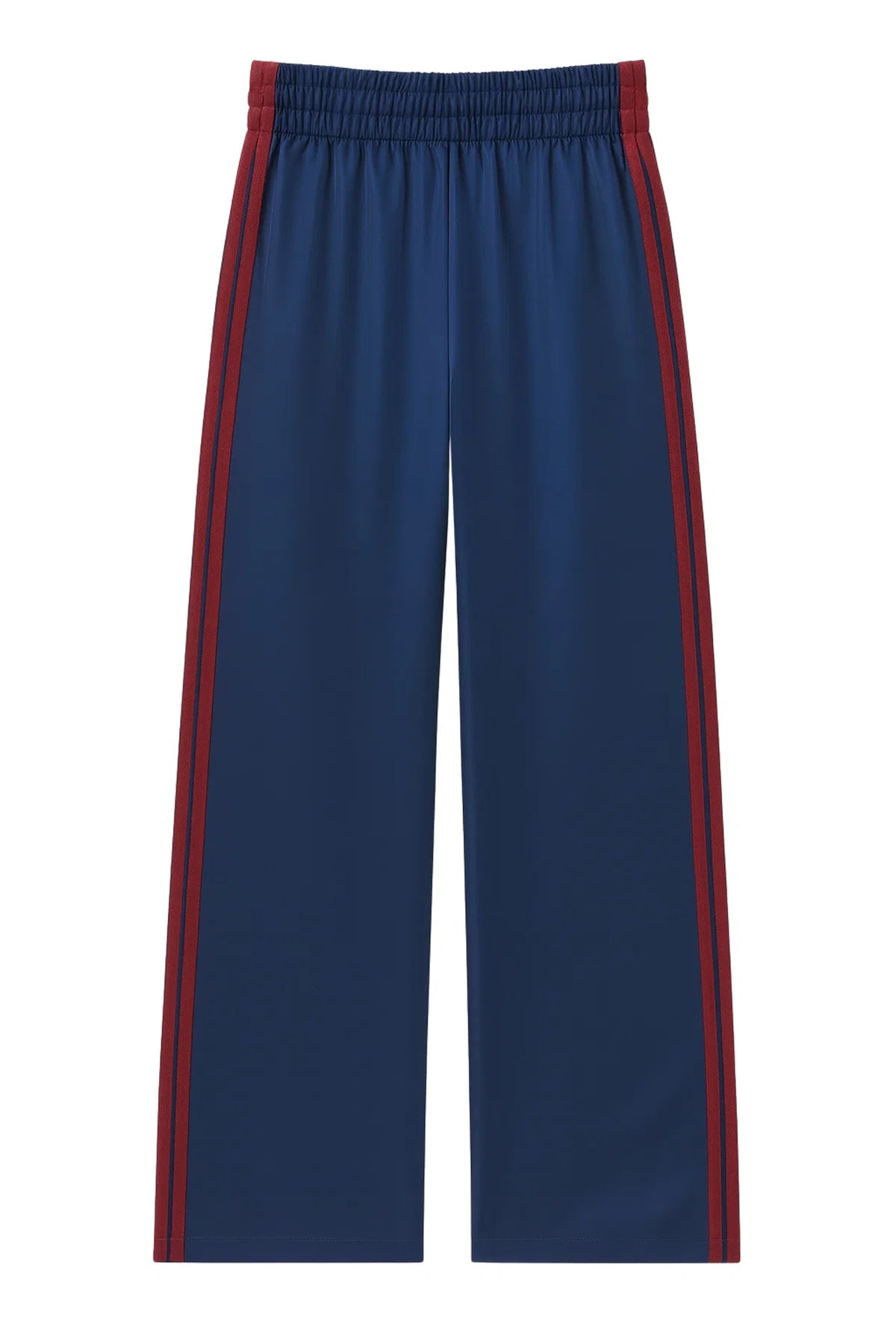 A pair of tween girls navy blue wide-leg athletic pants with red side stripes and a matching elastic waistband, shown flat against a white background.